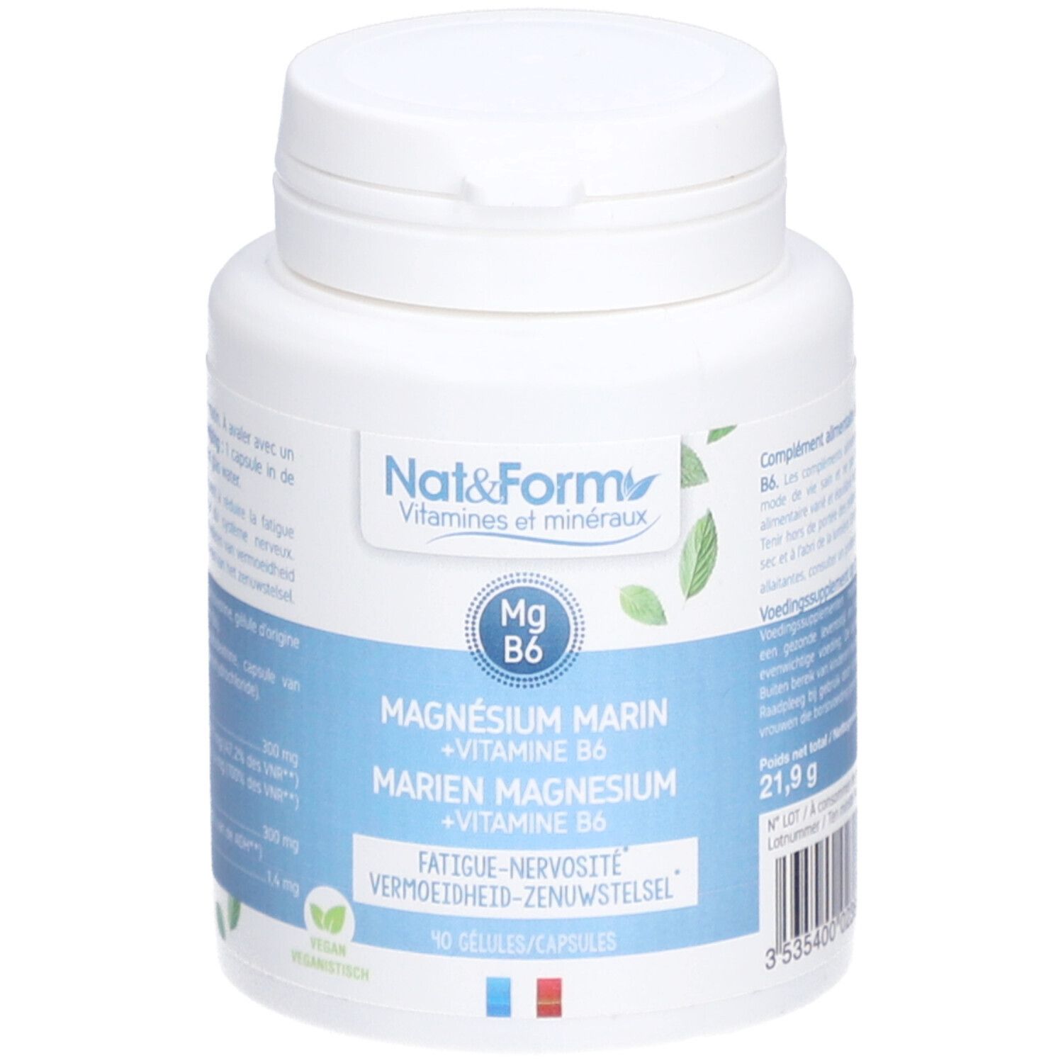 Weiße Flasche mit blauem Etikett. Aufschrift: Nat&Form, Magnesium Marin + Vitamin B6. 90 Kapseln.
