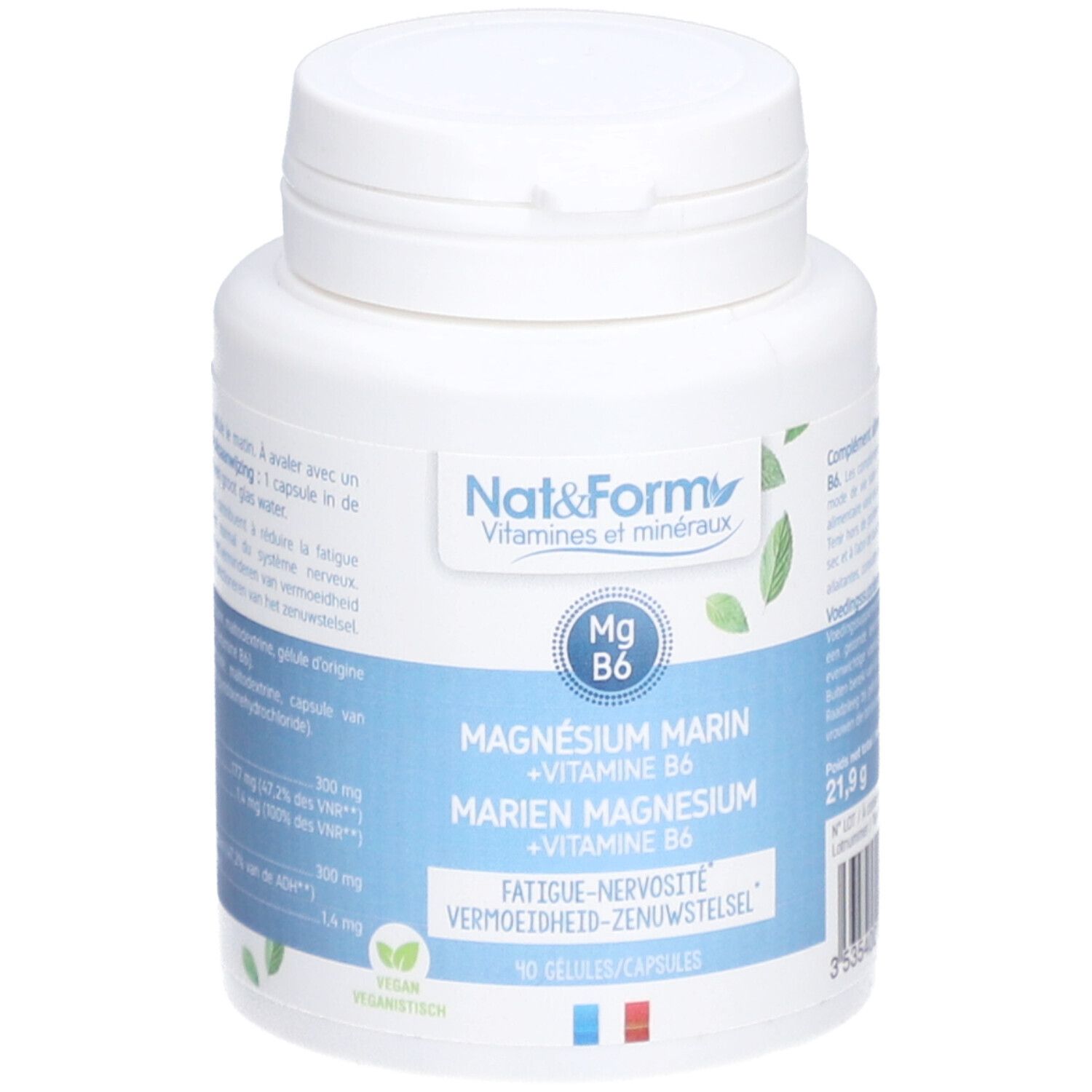 Weiße Flasche mit blauem Etikett. Aufschrift: Nat&Form, Magnesium Marin + Vitamin B6. 90 Kapseln.