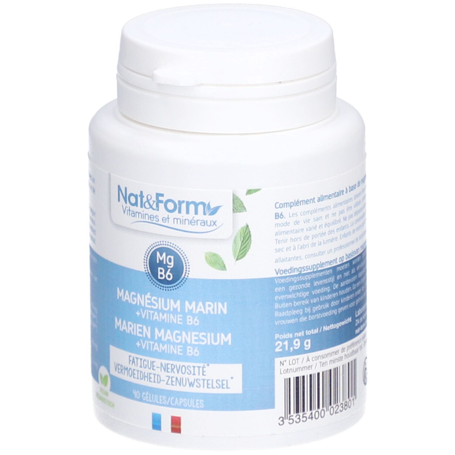 Weiße Flasche mit blauem Etikett. Aufschrift: Nat&Form, Magnesium Marin + Vitamin B6. 90 Kapseln.