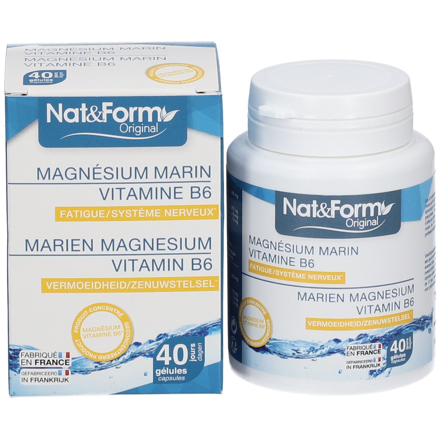 Produktverpackung und Flasche. Aufschrift: Nat&Form, Magnesium Marin + Vitamin B6. 40 Kapseln.