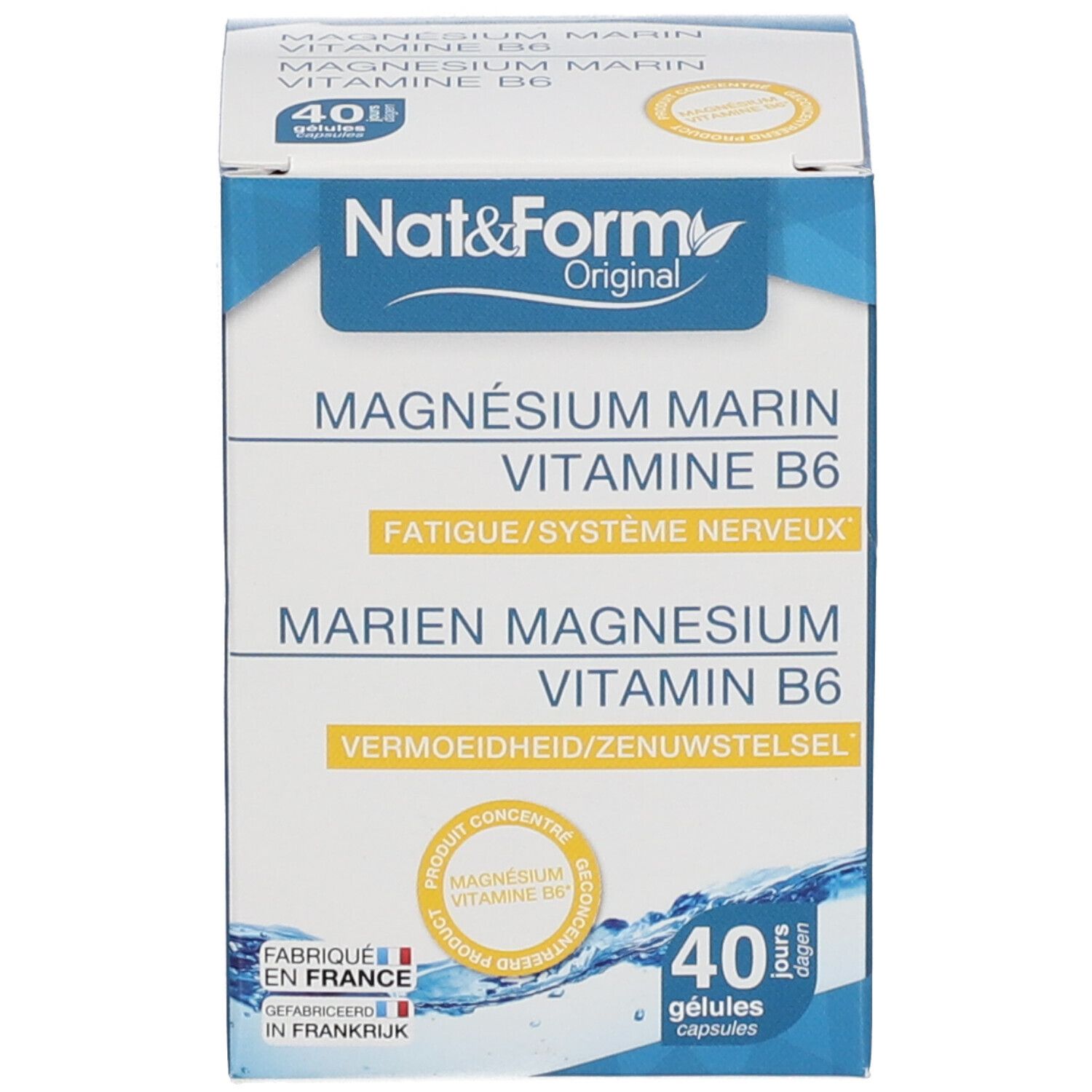Produktverpackung. Aufschrift: Nat&Form, Magnesium Marin + Vitamin B6. 40 Kapseln.