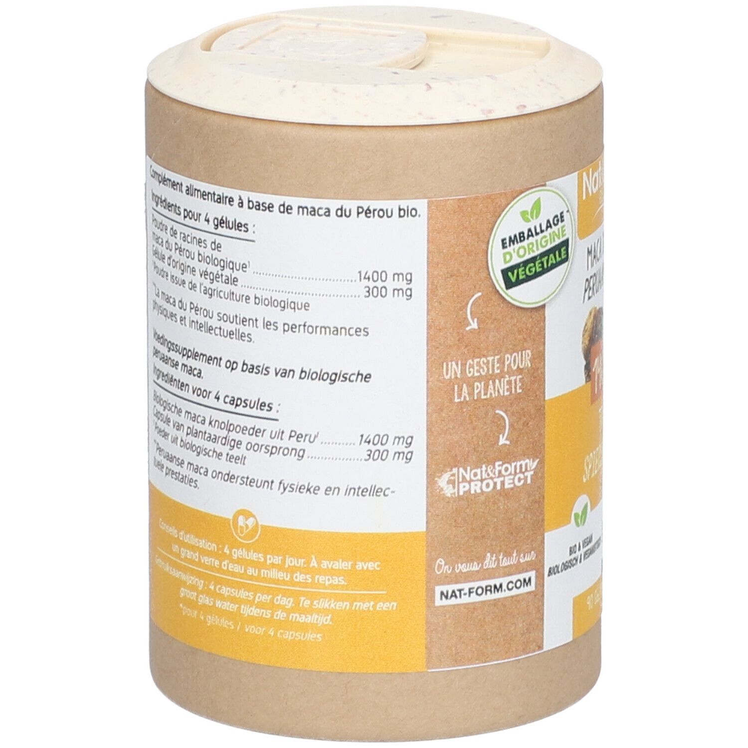 Dos de la boîte. Texte multilingue. Informations sur les ingrédients et l'utilisation. Label : Emballage d'origine végétale.