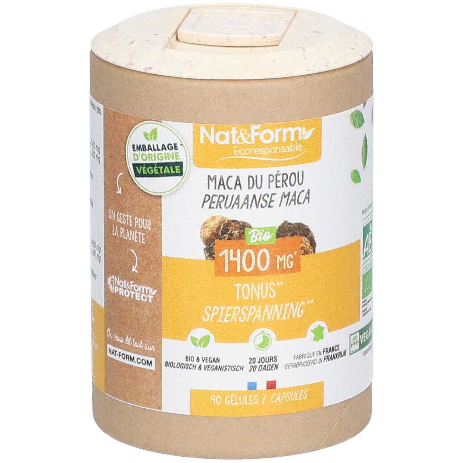 Boîte cylindrique avec couvercle. Inscription : Nat&Form, Maca du Pérou, Bio, 1400 mg, Tonus, SpierSpanning. Label Vegan.