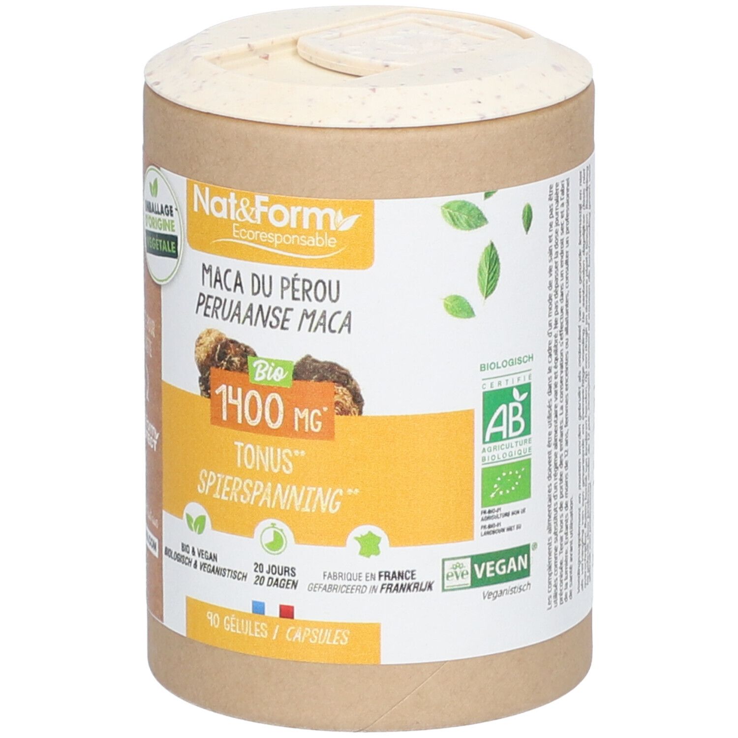 Boîte cylindrique avec couvercle. Inscription : Nat&Form, Maca du Pérou, Bio, 1400 mg, Tonus, SpierSpanning. Label Vegan.