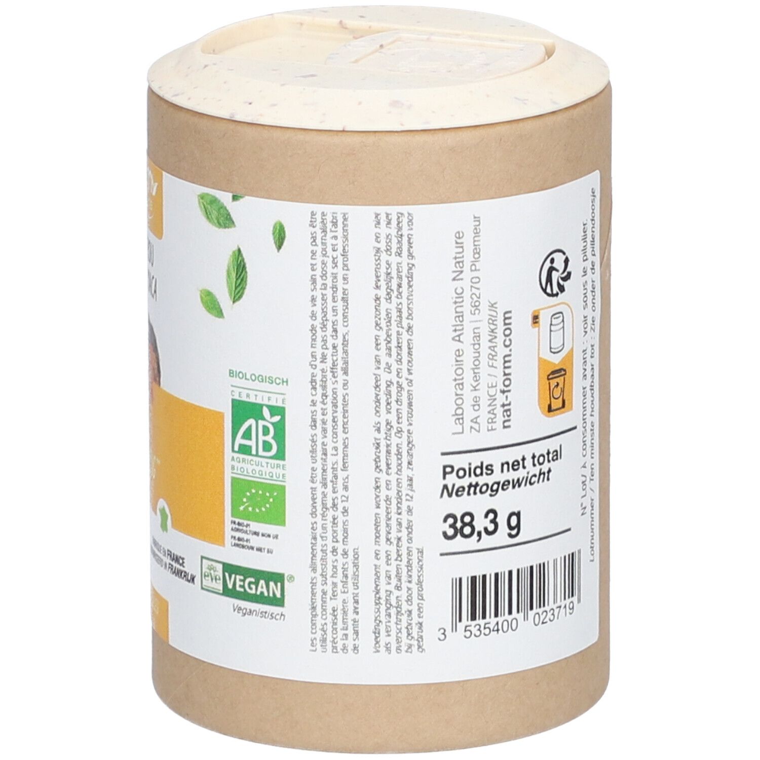 Dos de la boîte. Texte multilingue. Informations sur les ingrédients et l'utilisation. Poids net : 38,3 g.