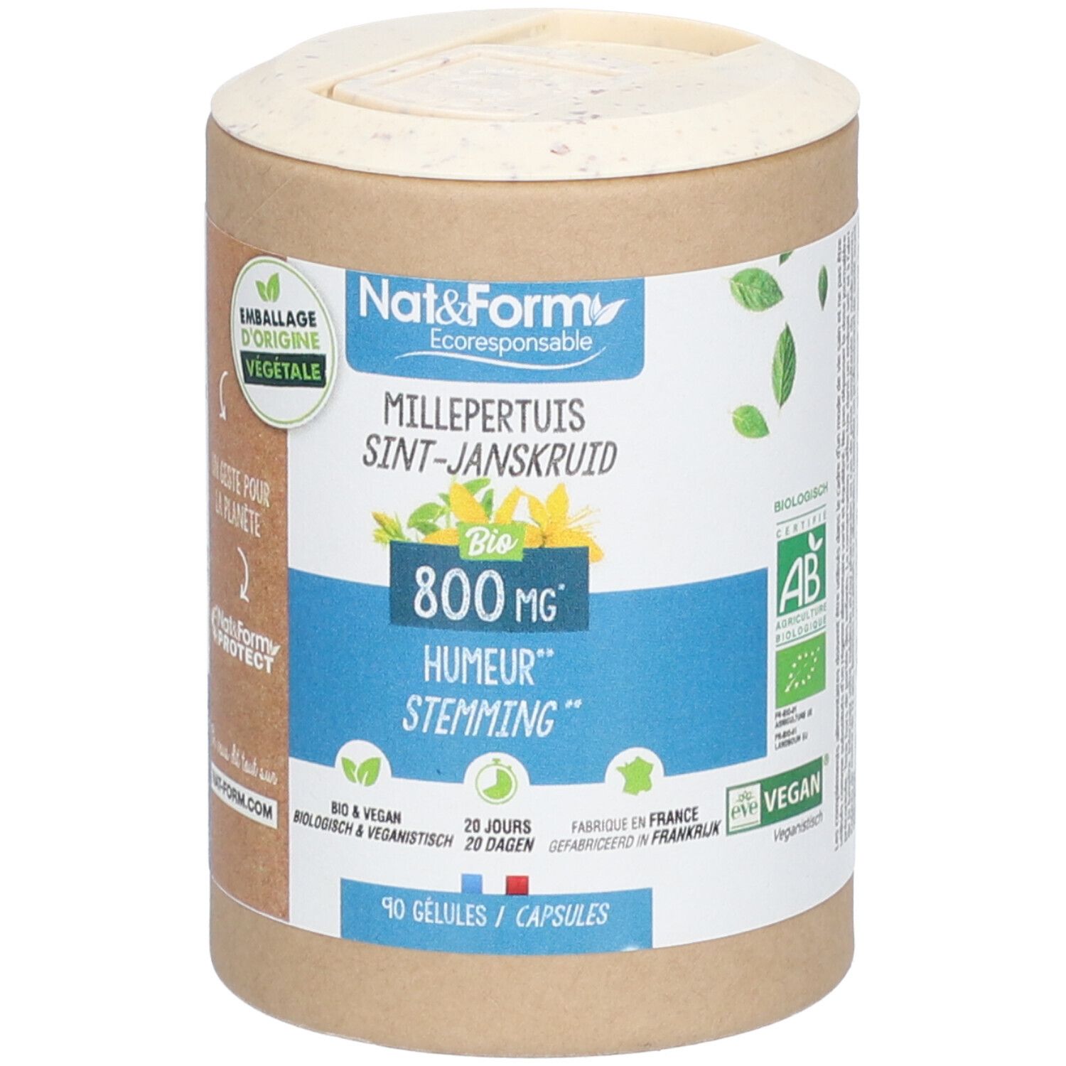 Boîte cylindrique Nat&Form MILLEPERTUIS BIO, 800 mg, 90 gélules. Labels bio et vegan.