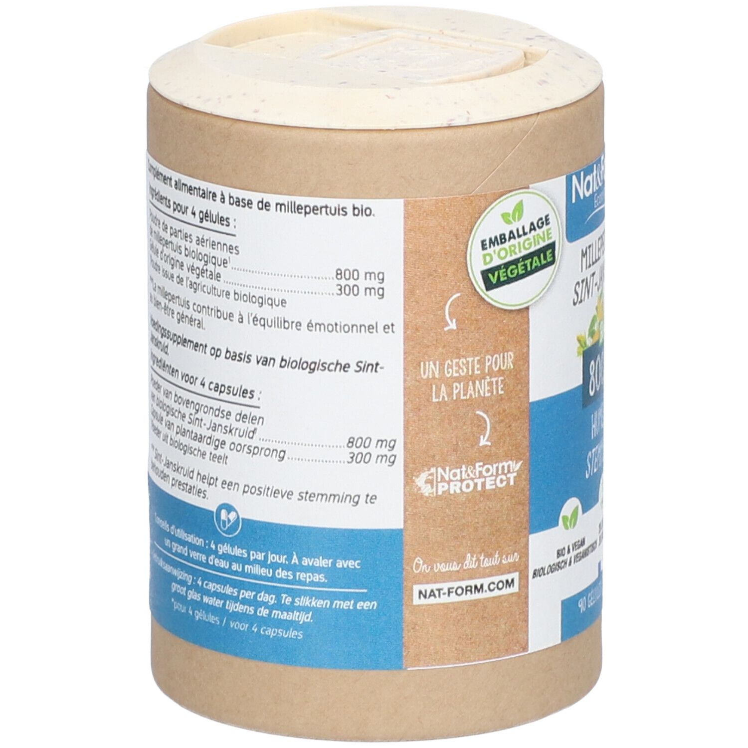 Dos de la boîte avec informations ingrédients et instructions. Labels bio et vegan.