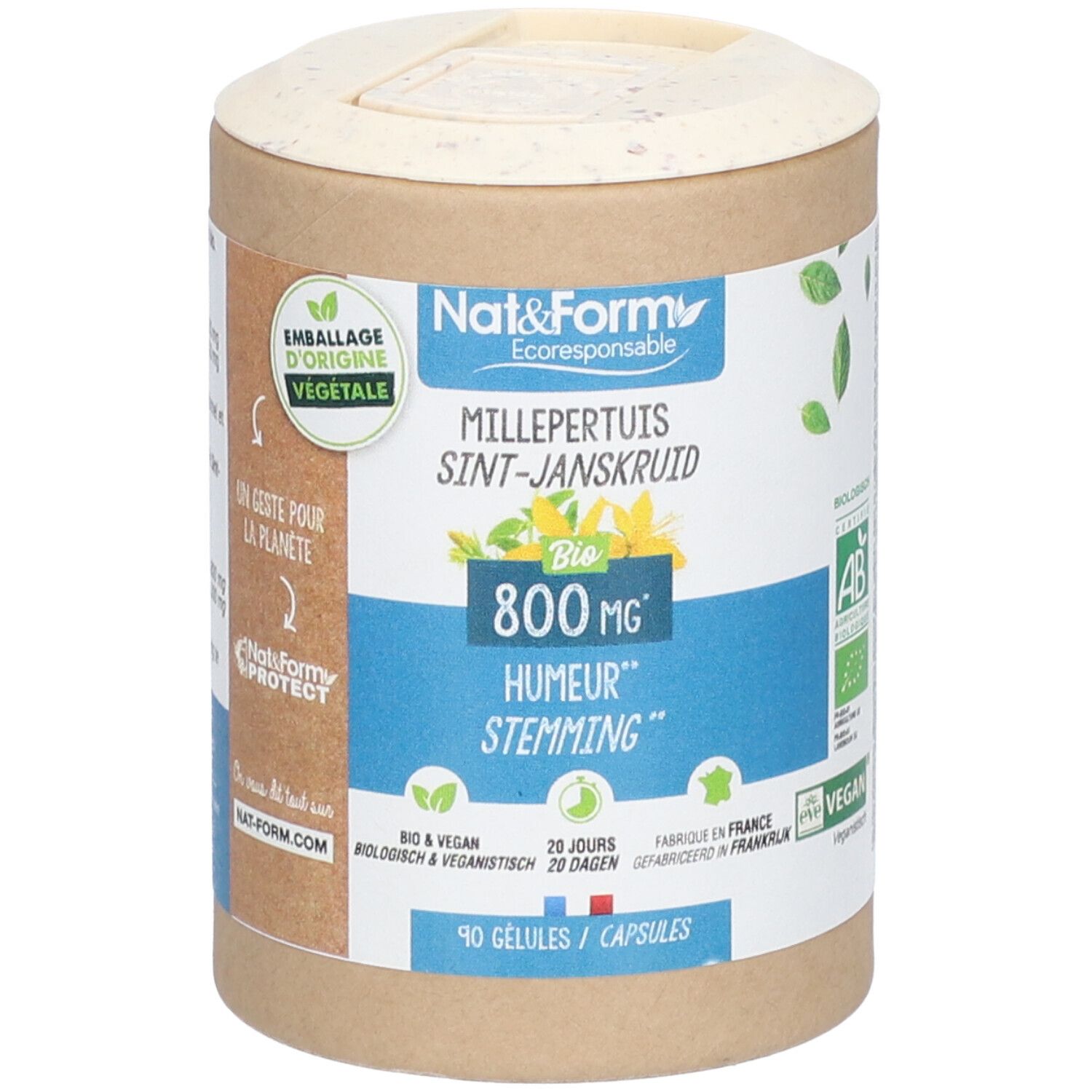 Boîte cylindrique Nat&Form MILLEPERTUIS BIO, 800 mg, 90 gélules. Labels bio et vegan.