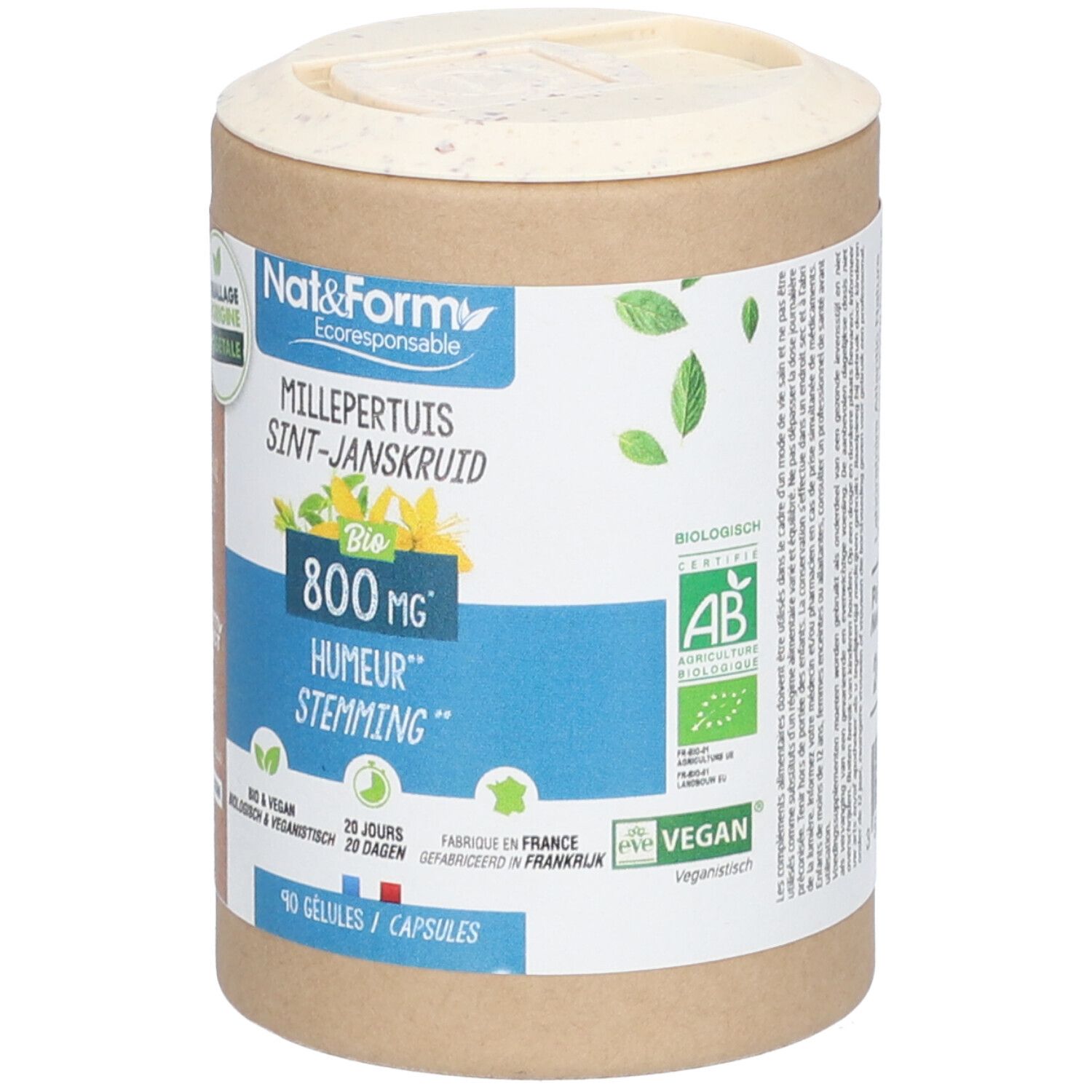 Boîte cylindrique Nat&Form MILLEPERTUIS BIO, 800 mg, 90 gélules. Labels bio et vegan.