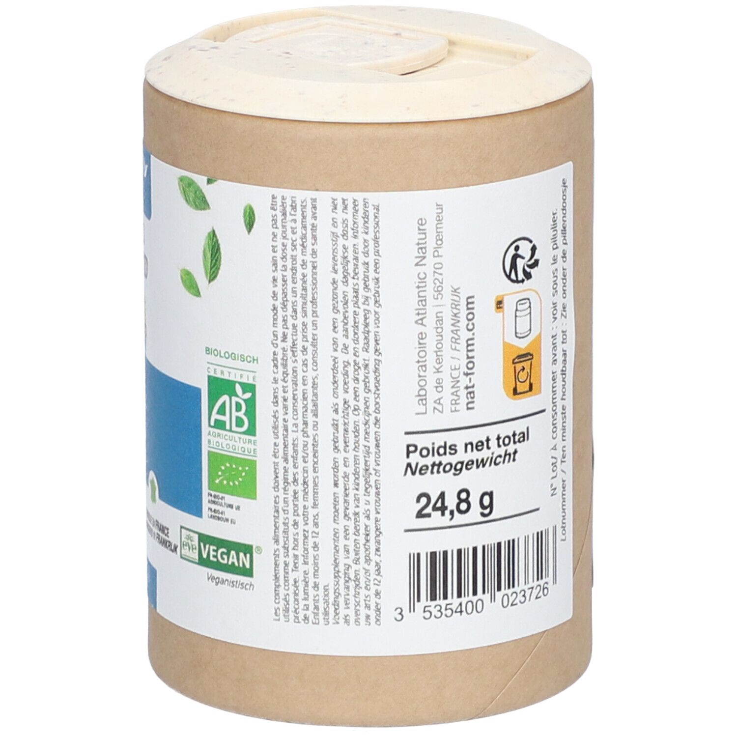 Dos de la boîte avec informations, poids et code-barres. Labels bio et vegan.