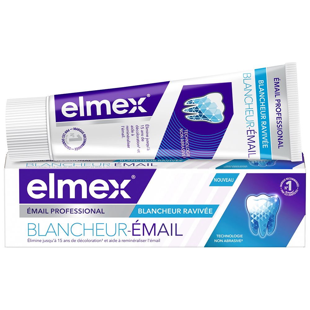 Zahnpasta-Tube und Verpackung. Weiß und blau. "ELMEX" und "BLANCHEUR-ÉMAIL" Schriftzug. Zahn-Grafik.