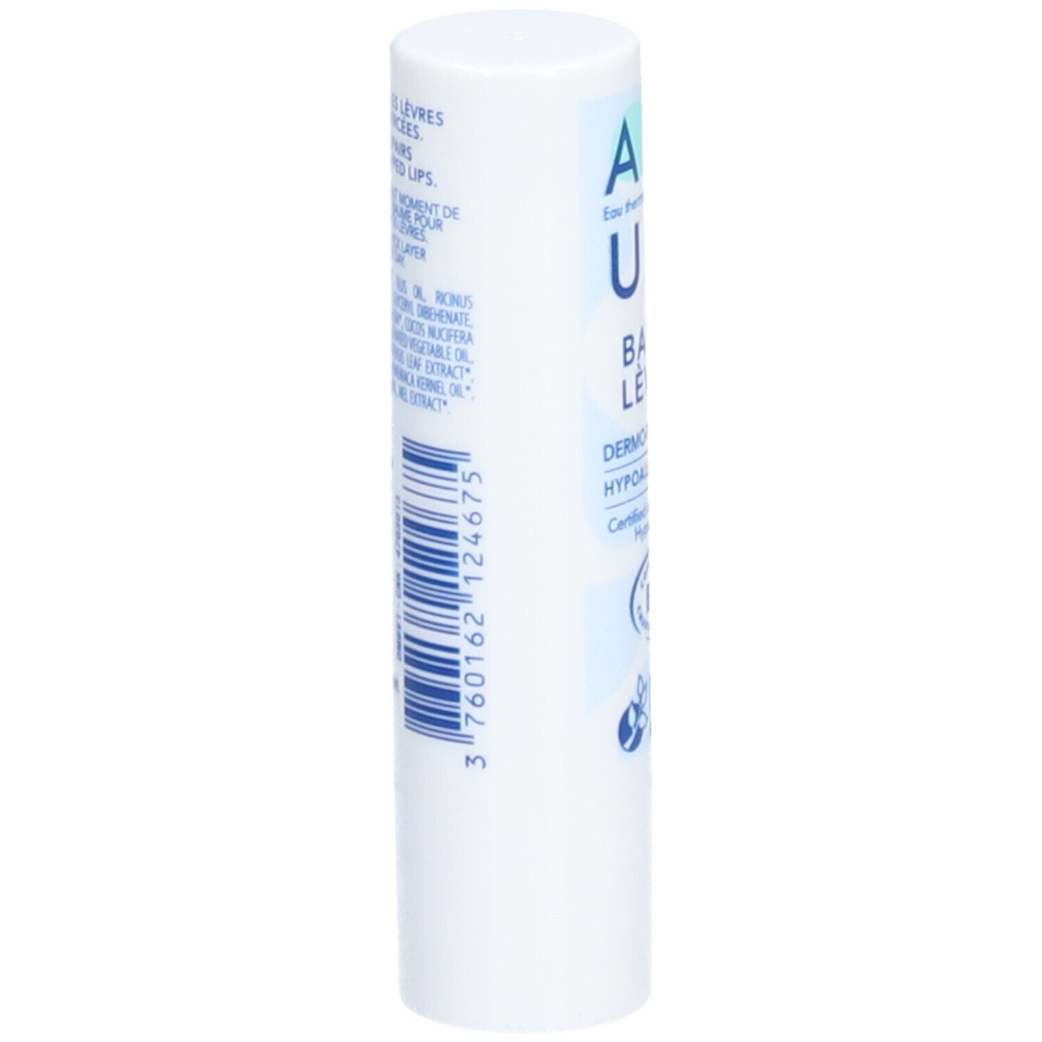 Stick de baume à lèvres blanc. Texte bleu et code-barres. Texte: 3 760162 124675. Vue latérale.