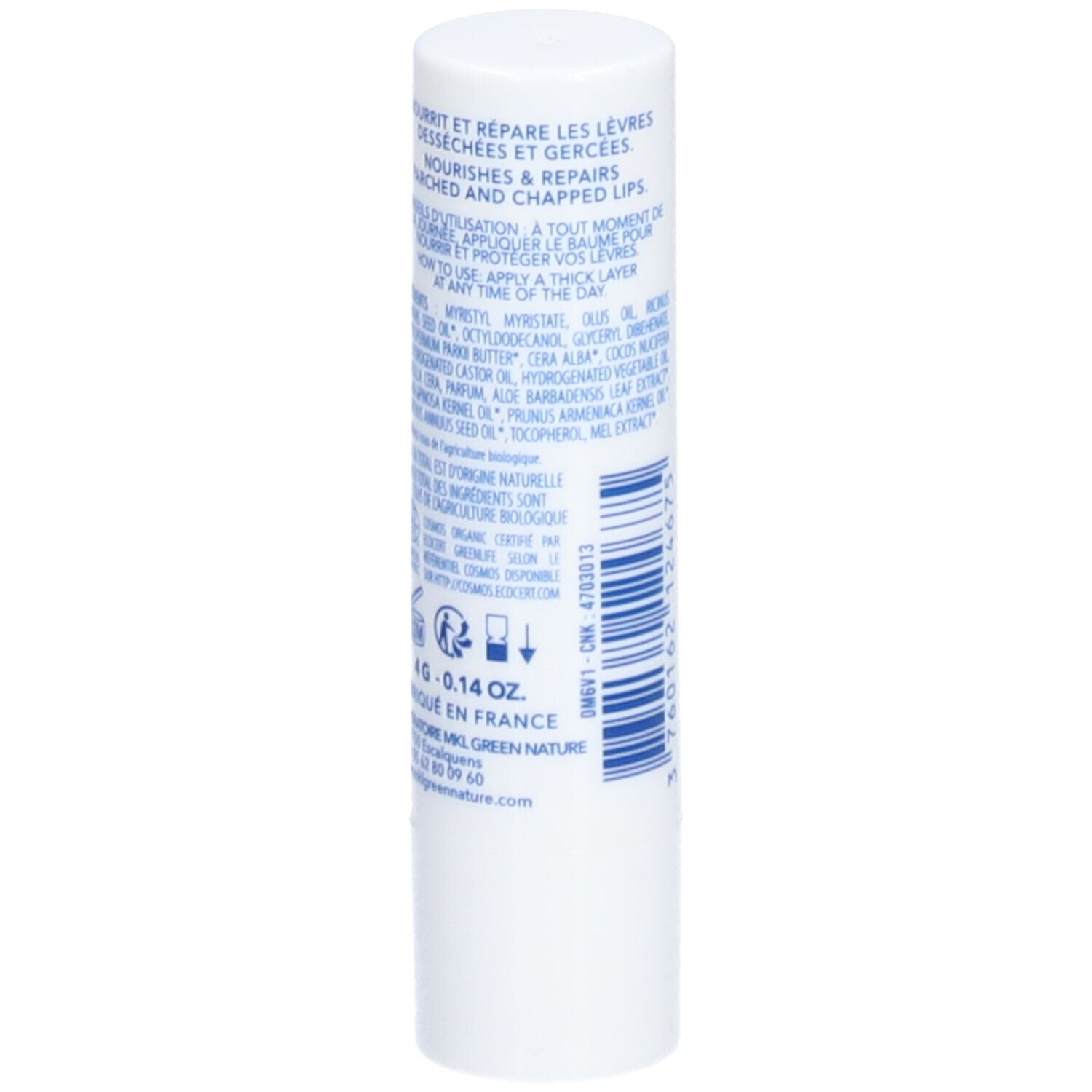 Stick de baume à lèvres blanc. Texte bleu. Texte: Nourrit et répare les lèvres gercées. Ingrédients. Certification Bio.