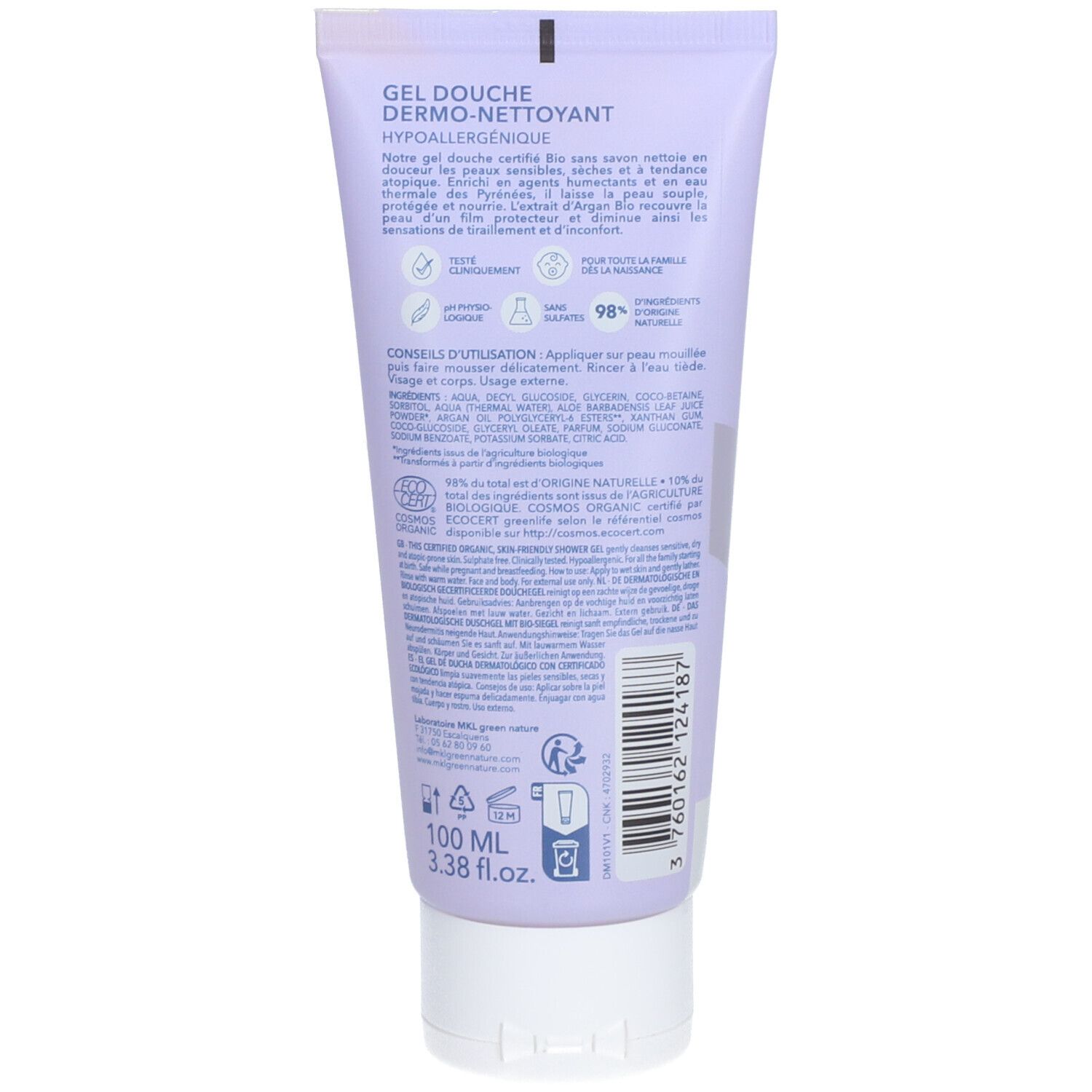 Dos du tube violet. Texte avec ingrédients et instructions. Certification bio. 100 ml.