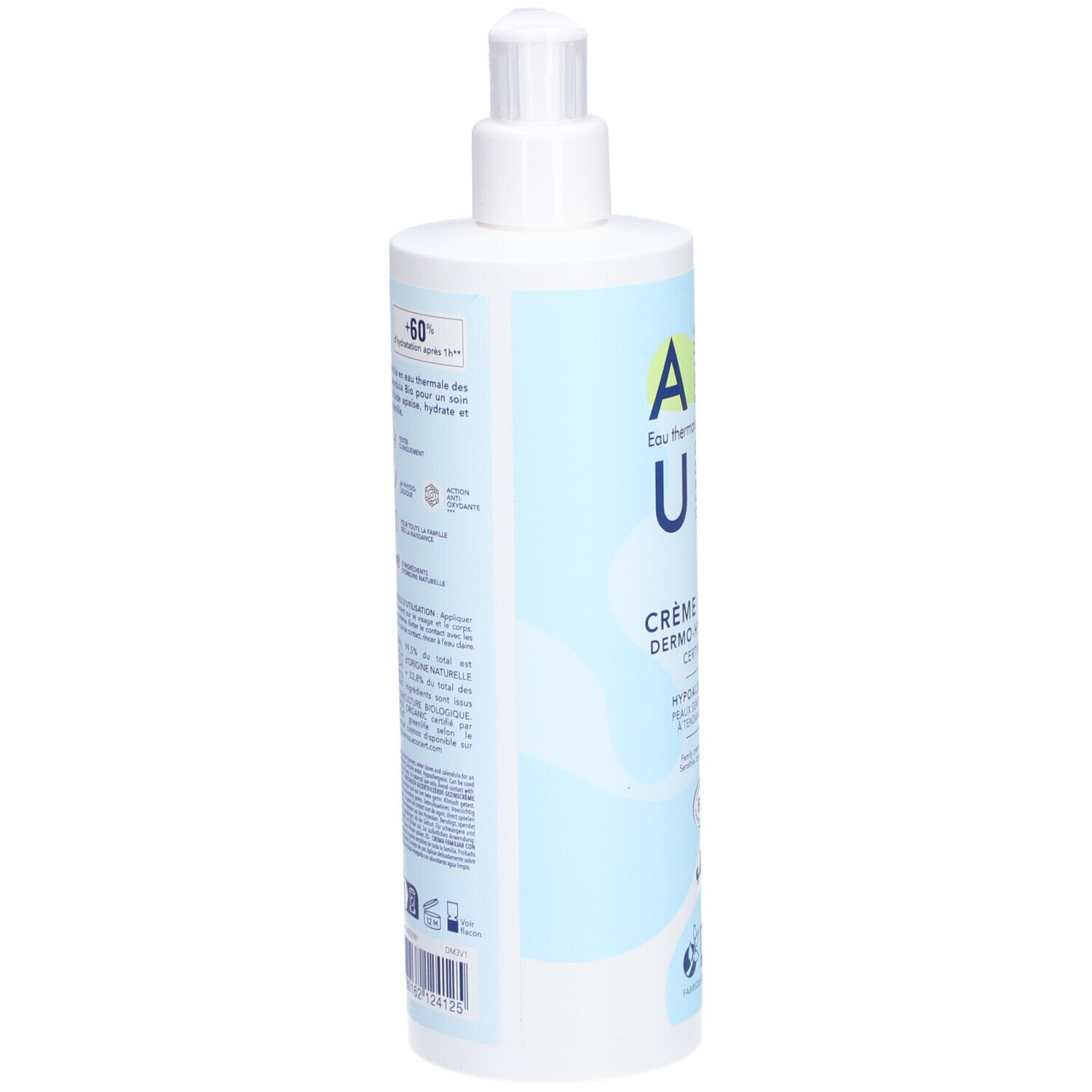 Dos du flacon. Texte: informations sur le produit. Logo: certification biologique. Inscription: AQUA, Crème Famille Dermo-Hydratante.