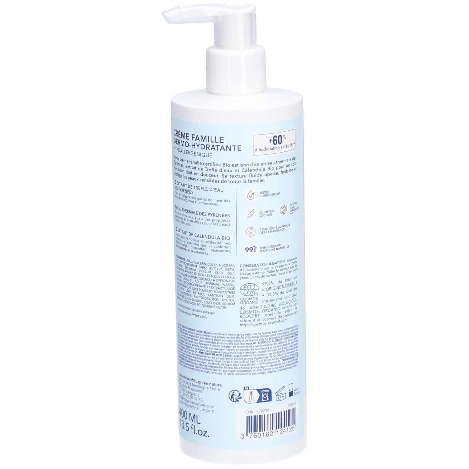 Dos du flacon. Texte: informations produit. Logo: certification biologique. Inscription: AQUA, Crème Famille Dermo-Hydratante. Volume: 400 ml.