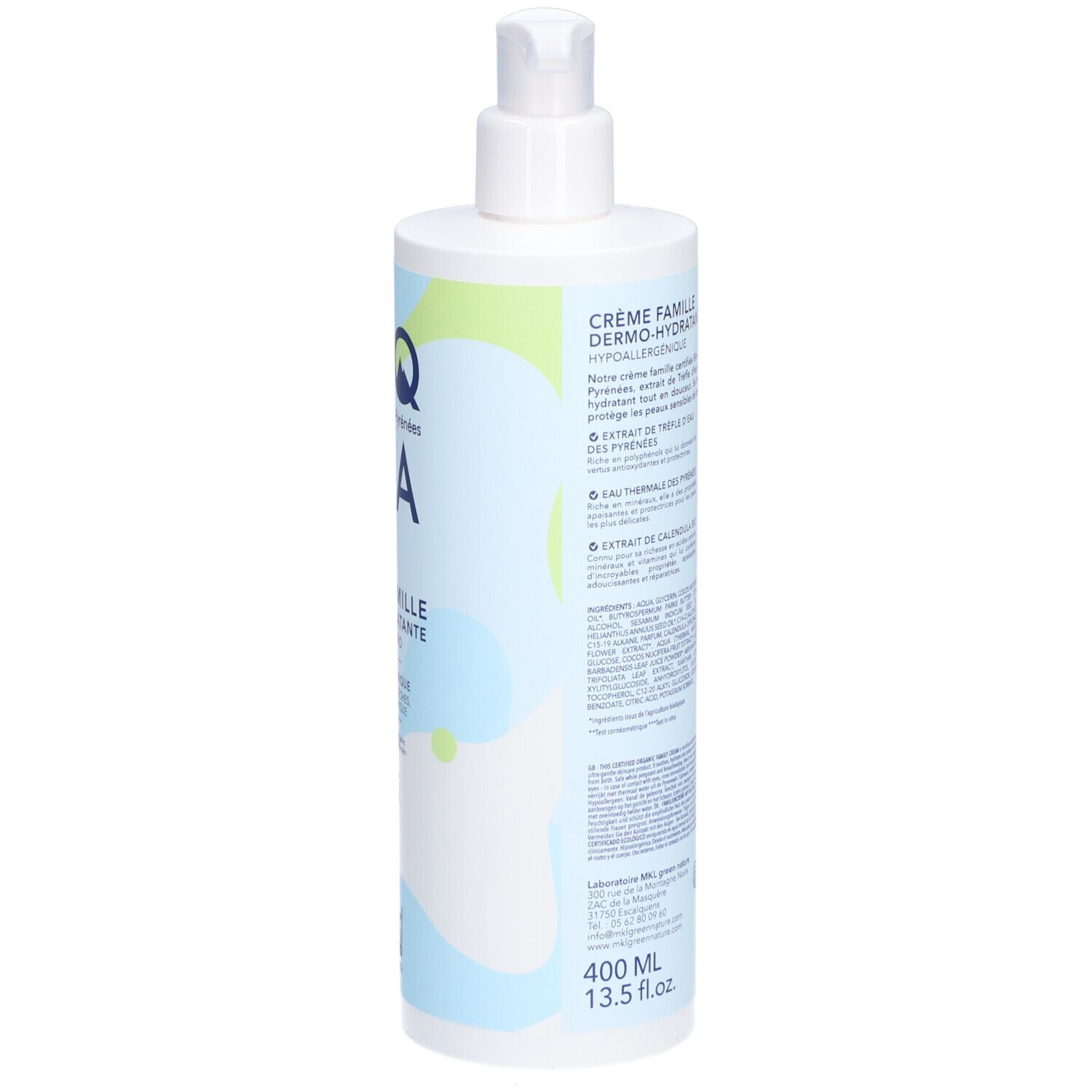 Dos du flacon. Texte: informations produit. Logo: certification biologique. Inscription: AQUA, Crème Famille Dermo-Hydratante. Volume: 400 ml.