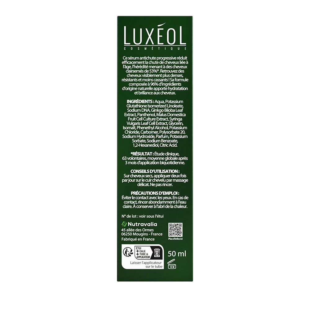 Dos du tube LUXEOL Sérum Antichute Progressive. Ingrédients, mode d'emploi et informations fabricant.
