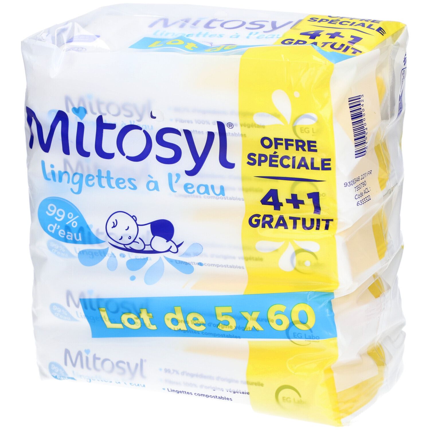 Mitosyl Lingettes à l'eau, Offre spéciale 4 + 1 gratuit - Lot de 5x60