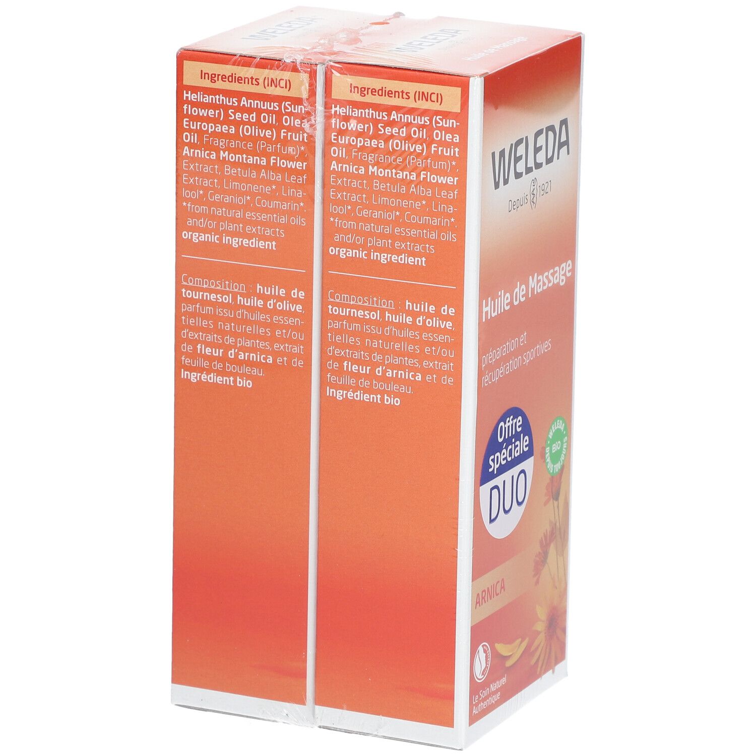 Rückseite der WELEDA Arnika-Massageöl DUO Verpackung. Zutatenliste und Produktinformationen in französischer Sprache.