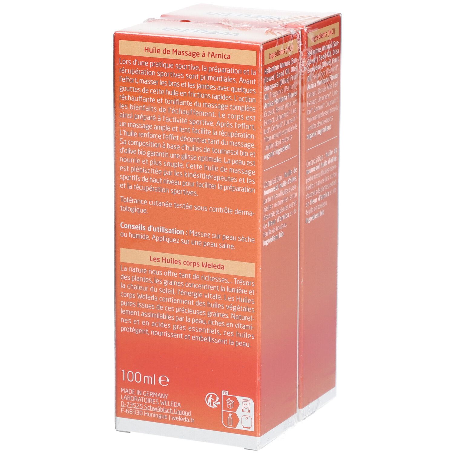 Seite der WELEDA Arnika-Massageöl DUO Verpackung. Produktinformationen, Inhaltsstoffe und Herstellerangaben.