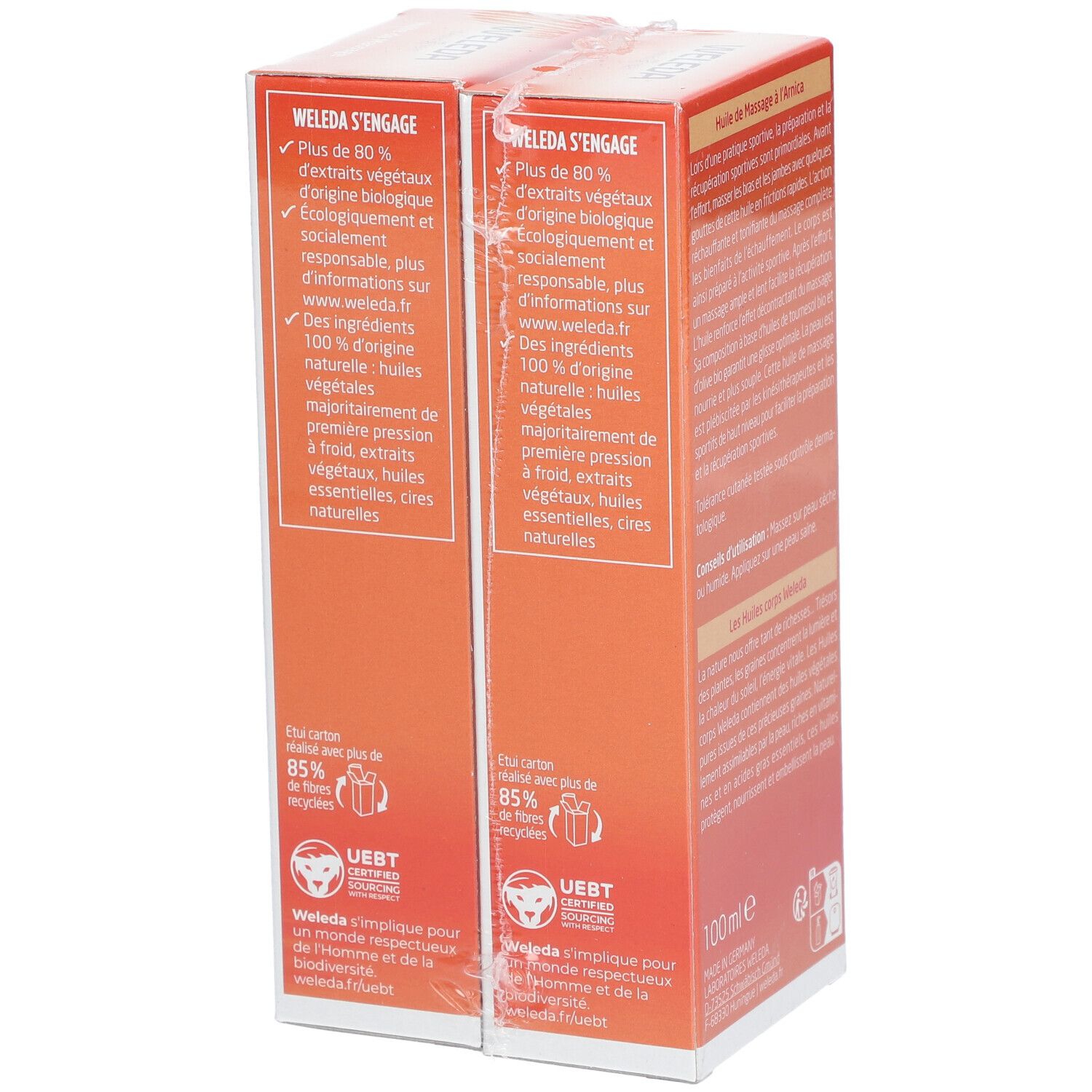 Seite der WELEDA Arnika-Massageöl DUO Verpackung. Informationen zu Nachhaltigkeit und Inhaltsstoffen.