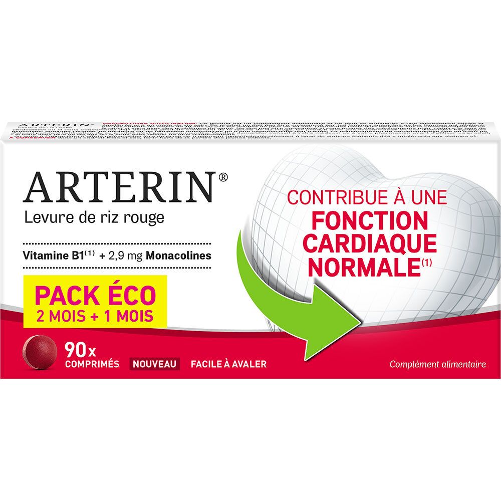 Boîte de ARTERIN® Levure de riz rouge. Contient 90 comprimés. Inscription: Contribue à une fonction cardiaque normale.