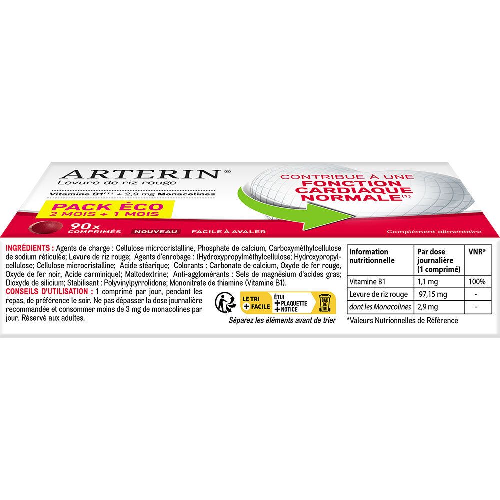 Dos de l'emballage ARTERIN® Levure de riz rouge. Contient des informations sur les ingrédients et la valeur nutritionnelle.