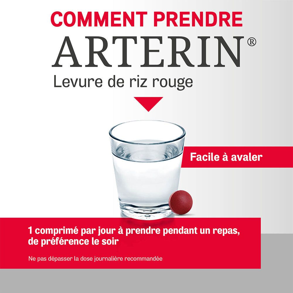 Un comprimé rouge à côté d'un verre d'eau. Texte: Comment prendre ARTERIN® Levure de riz rouge.