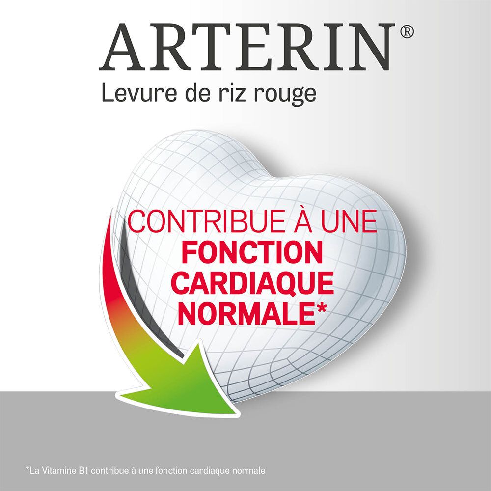 Graphique en forme de cœur avec texte: Contribue à une fonction cardiaque normale. Marque: ARTERIN® Levure de riz rouge.