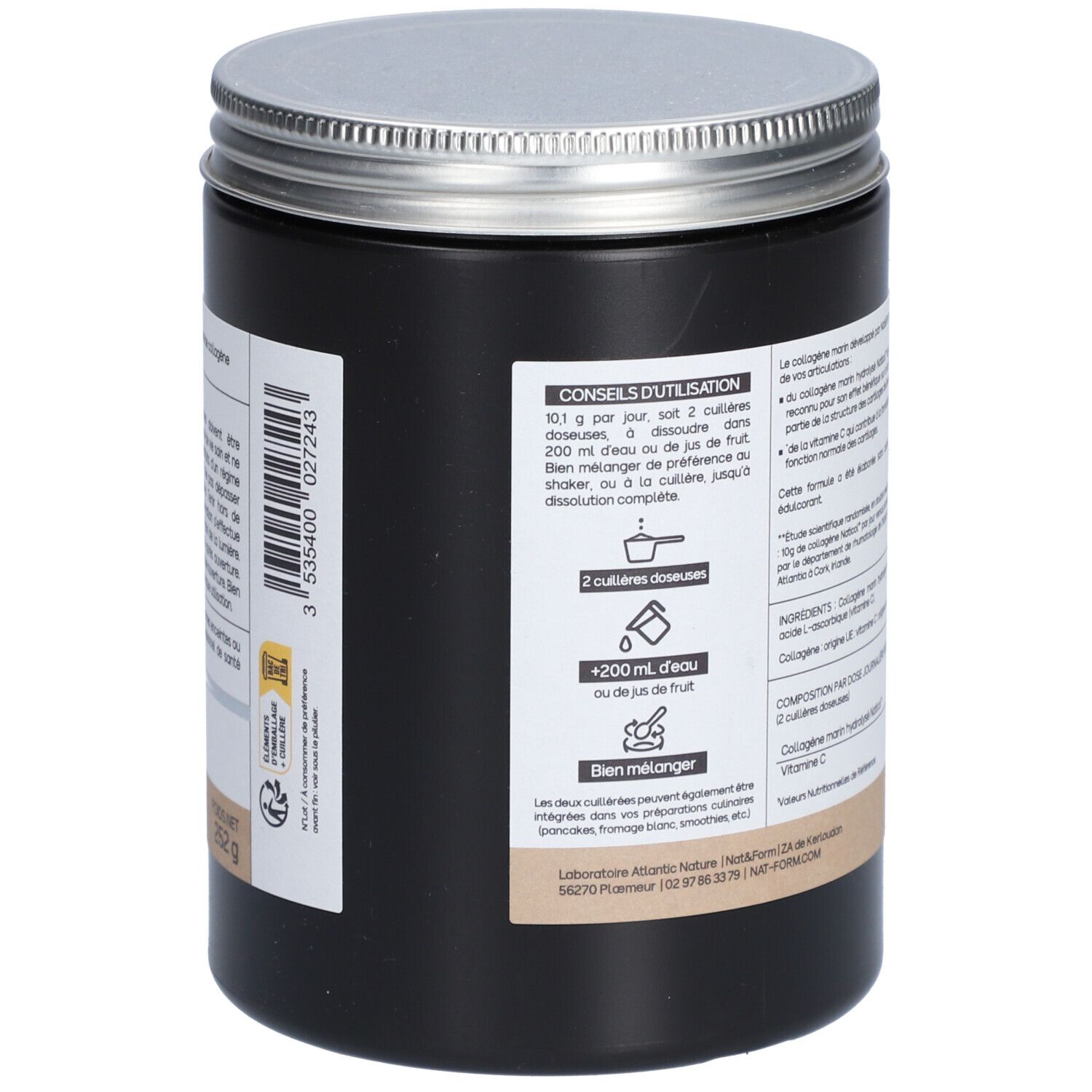 Dos du pot noir avec couvercle argenté. Instructions d'utilisation et dosage.