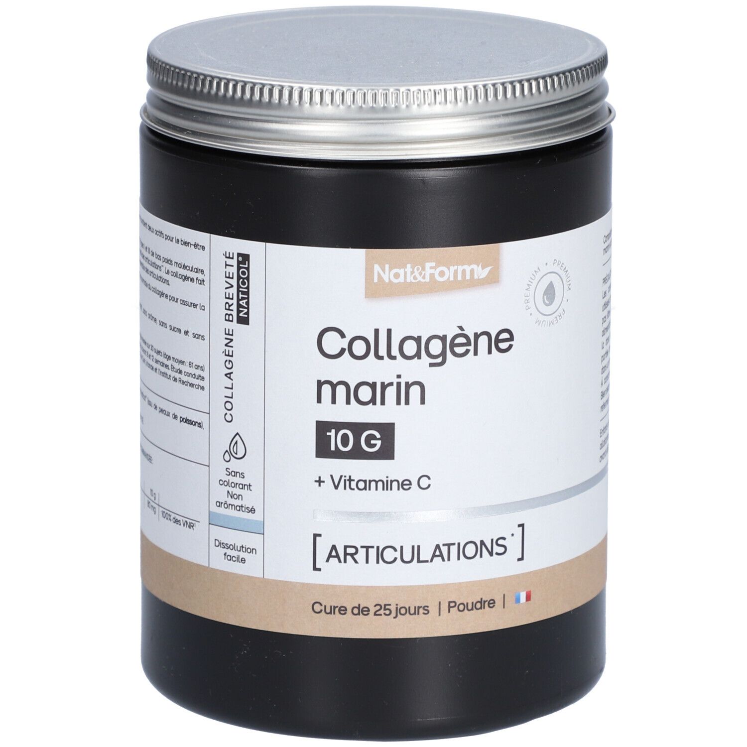 Pot noir avec couvercle argenté. Inscription: Collagène marin, 10G + Vitamine C. Pour les articulations.