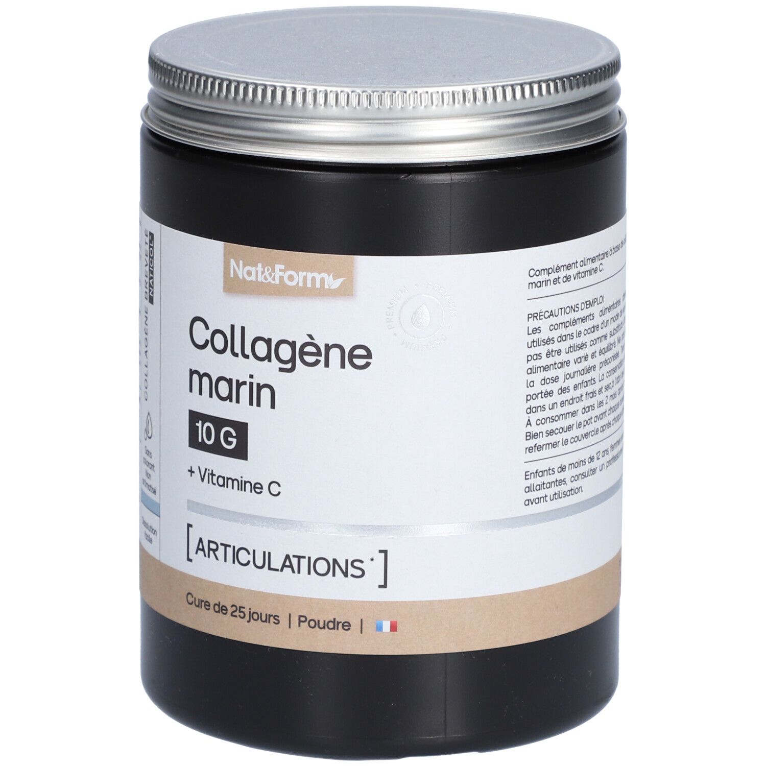 Pot noir avec couvercle argenté. Inscription: Collagène marin, 10G + Vitamine C. Pour les articulations.