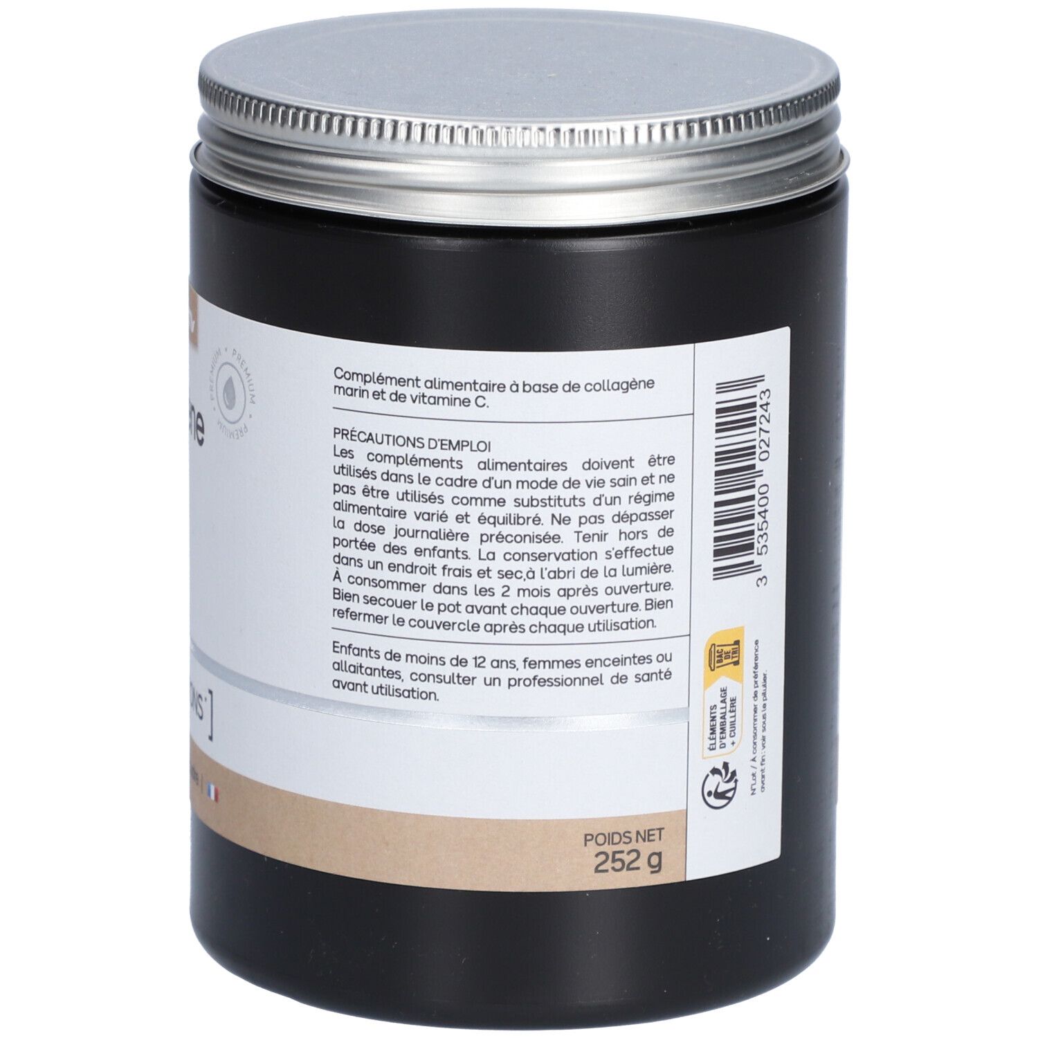 Dos du pot noir avec couvercle argenté. Informations textuelles et poids: 252 g.