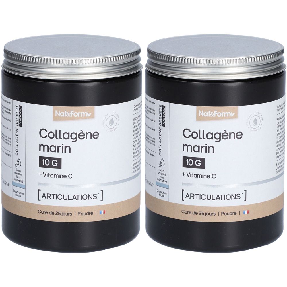 Deux pots noirs avec couvercles argentés. Inscription: Collagène marin, 10G + Vitamine C. Pour les articulations.