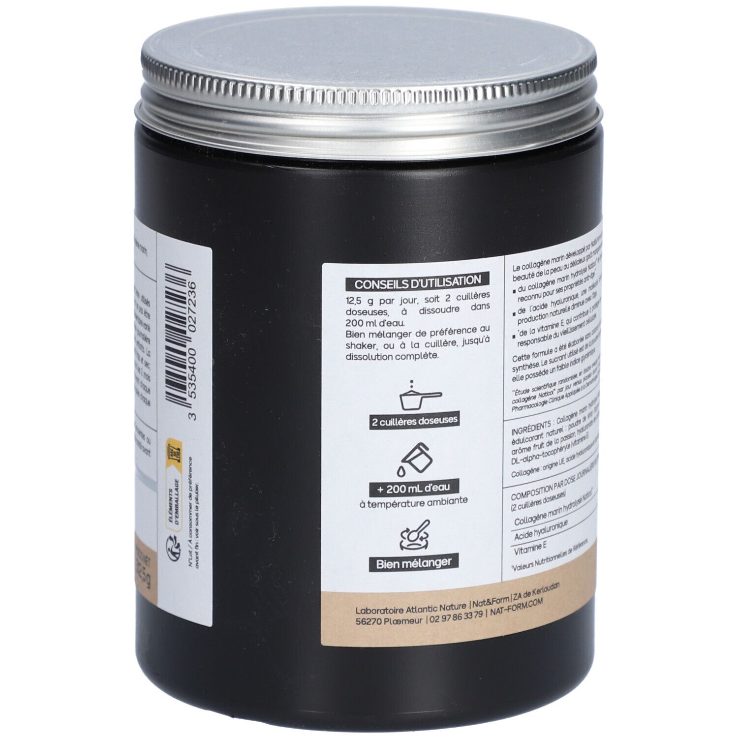 Pot noir avec couvercle argenté. Dos avec texte et instructions en français. Code-barres et logo.