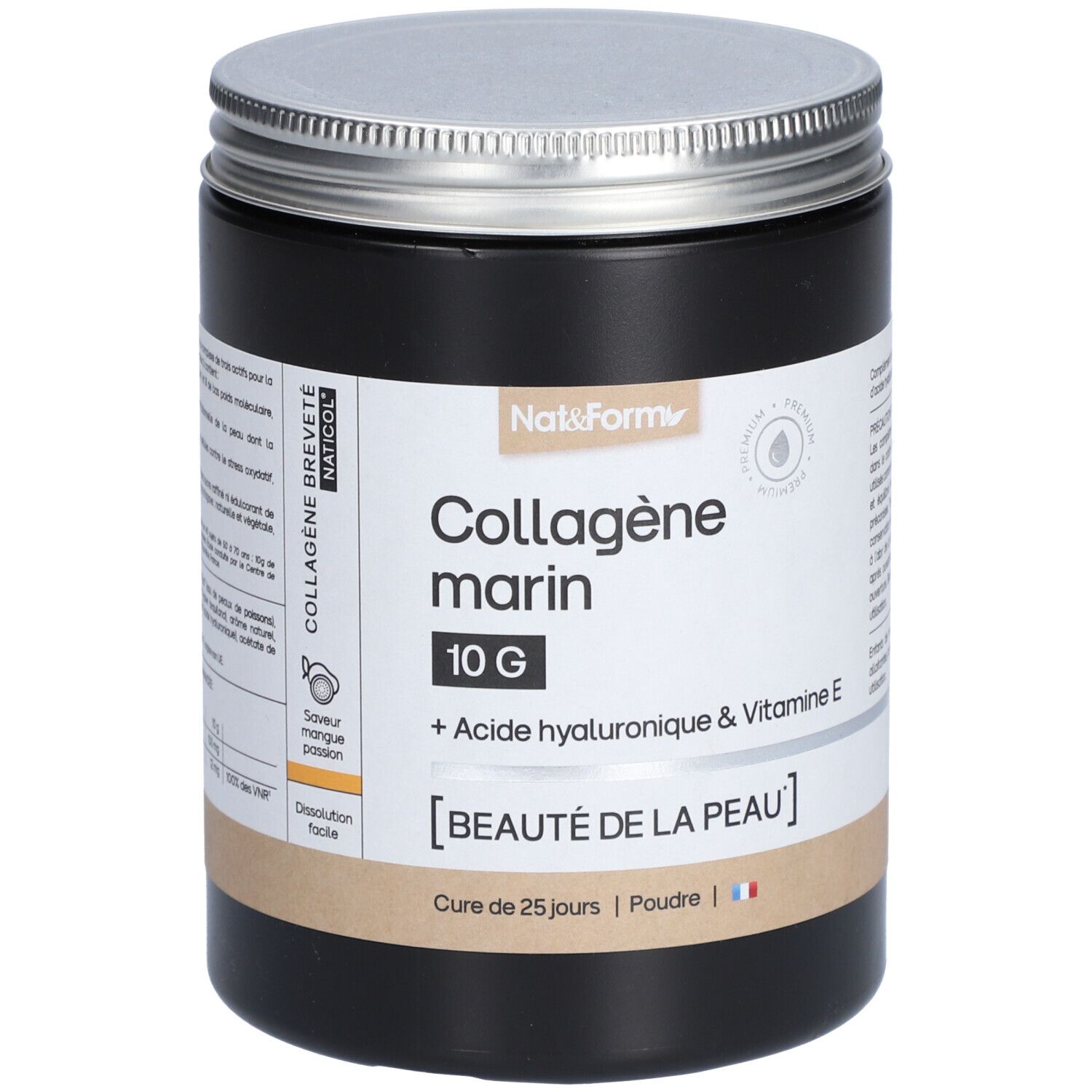 Pot noir avec couvercle argenté. Inscription: Collagène marin, 10G, + Acide hyaluronique & Vitamine E. [BEAUTÉ DE LA PEAU].