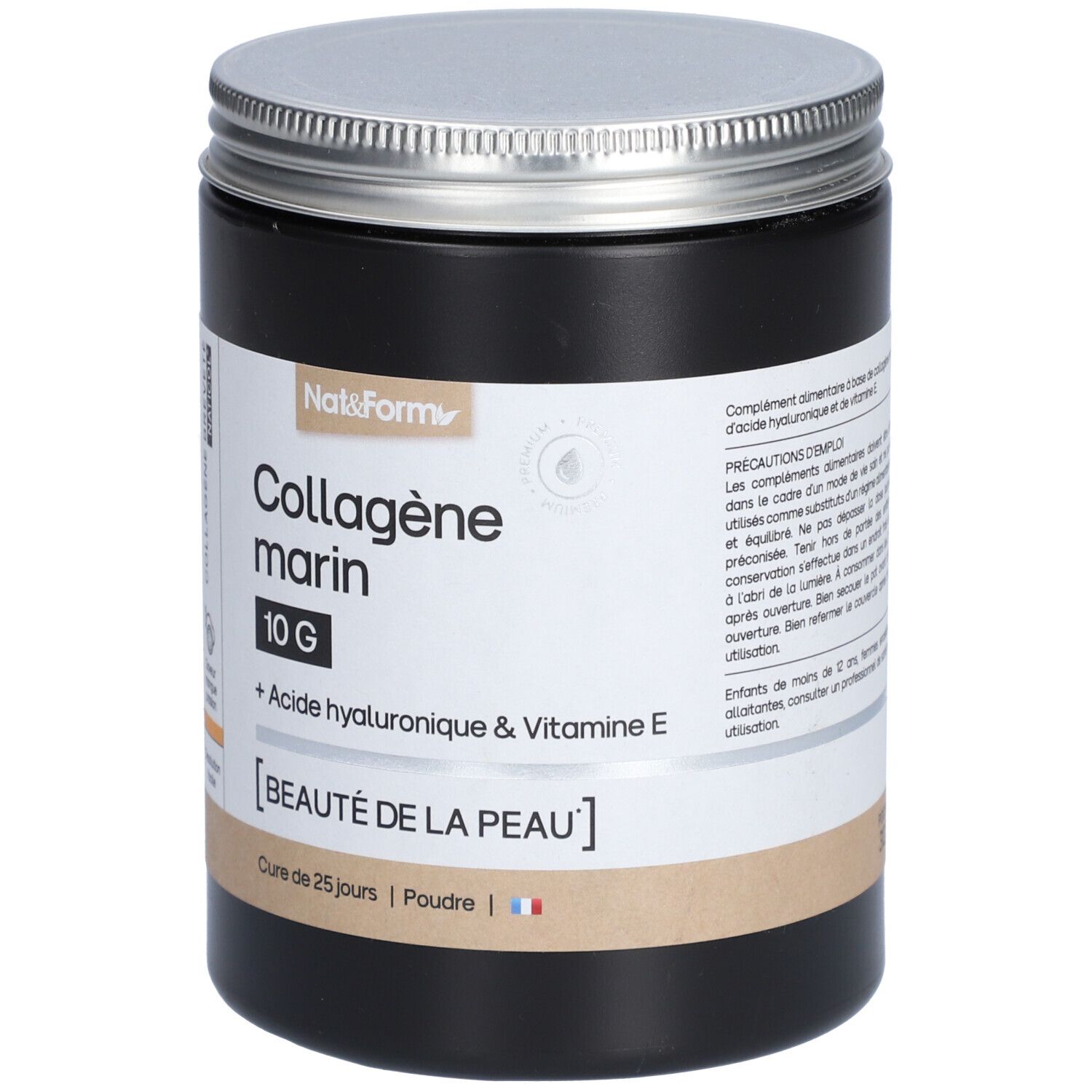 Pot noir avec couvercle argenté. Inscription: Collagène marin, 10G, + Acide hyaluronique & Vitamine E. [BEAUTÉ DE LA PEAU].