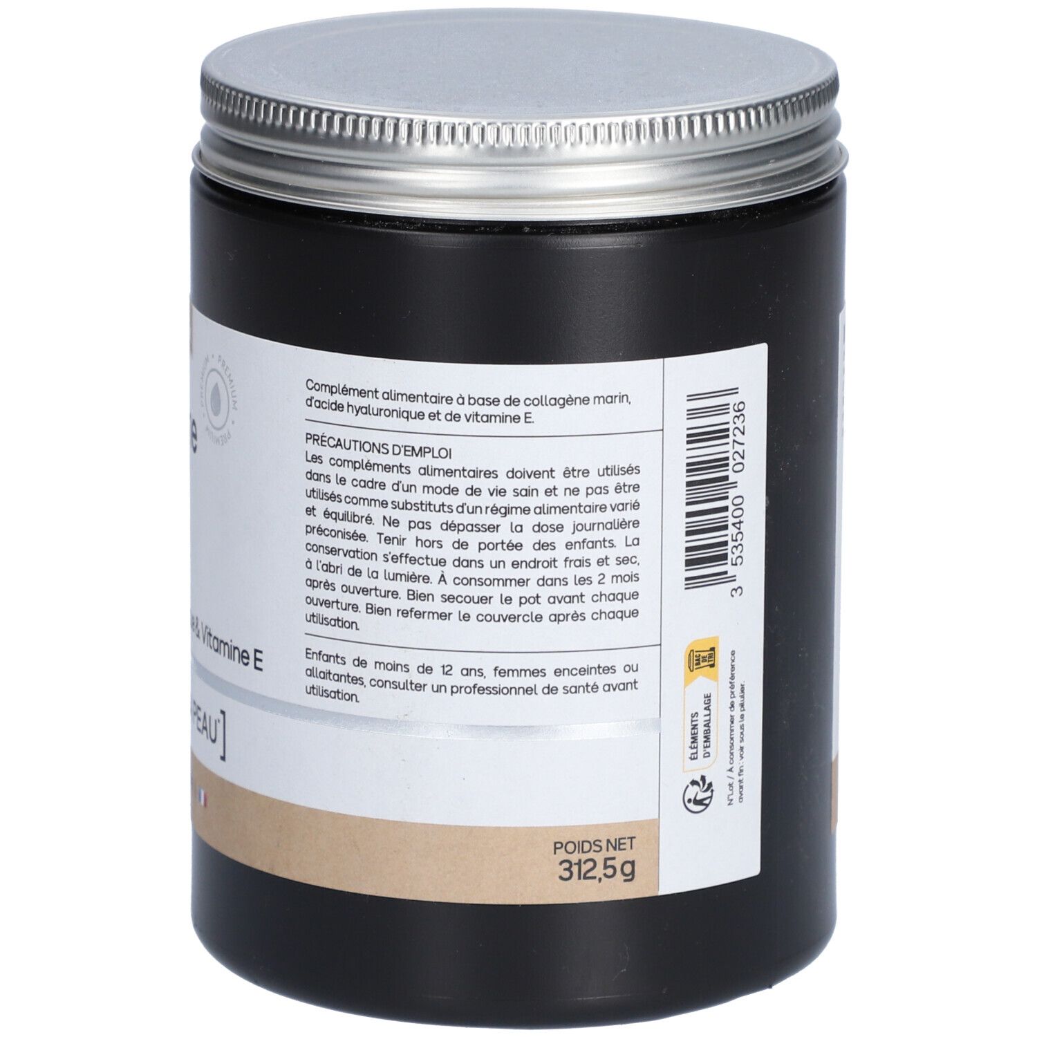 Pot noir avec couvercle argenté. Dos avec texte en français. Poids: 312,5g. Code-barres.