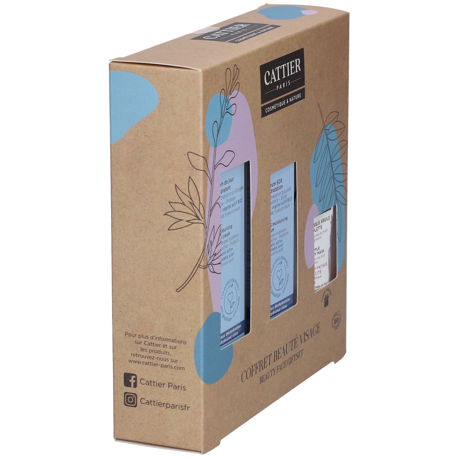 CATTIER Coffret Beauté Visage geschenkset, schuin van opzij. Doos met drie producten. Merk en tekst zichtbaar. Bloemen decoratie.