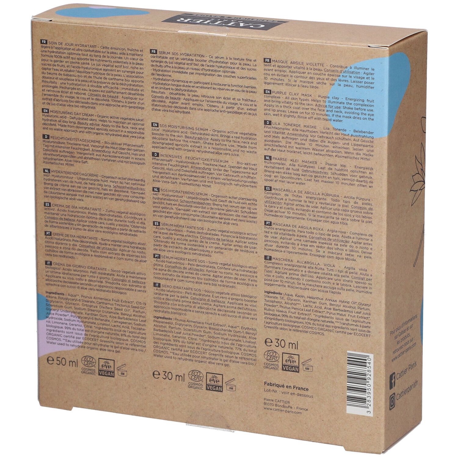 Achterkant van de CATTIER Beauté Visage doos. Meertalige tekst. Ingrediënten en volume aangegeven. Bio-keurmerk.