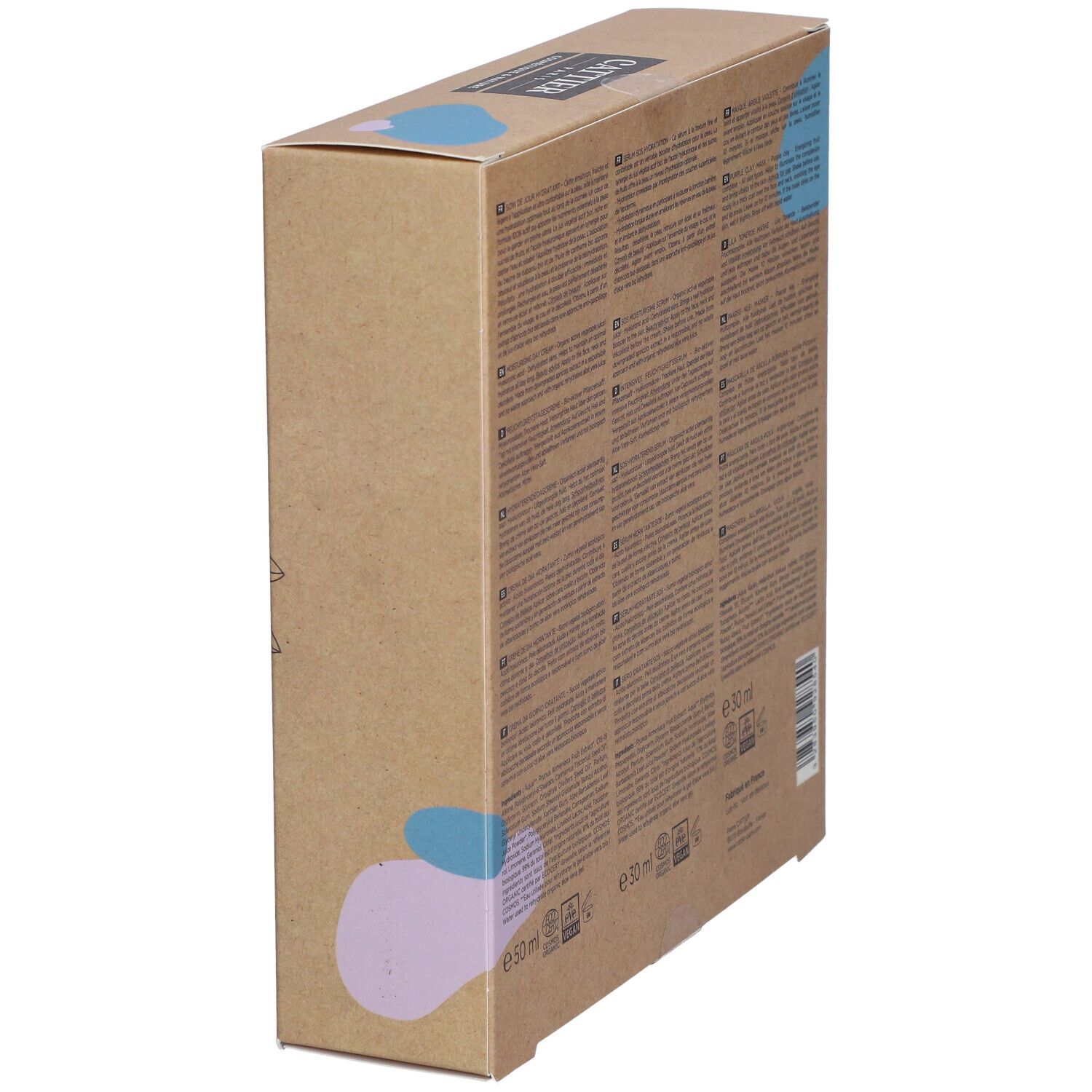 Achterkant van de CATTIER Beauté Visage doos. Meertalige tekst. Ingrediënten en volume aangegeven. Bio-keurmerk.