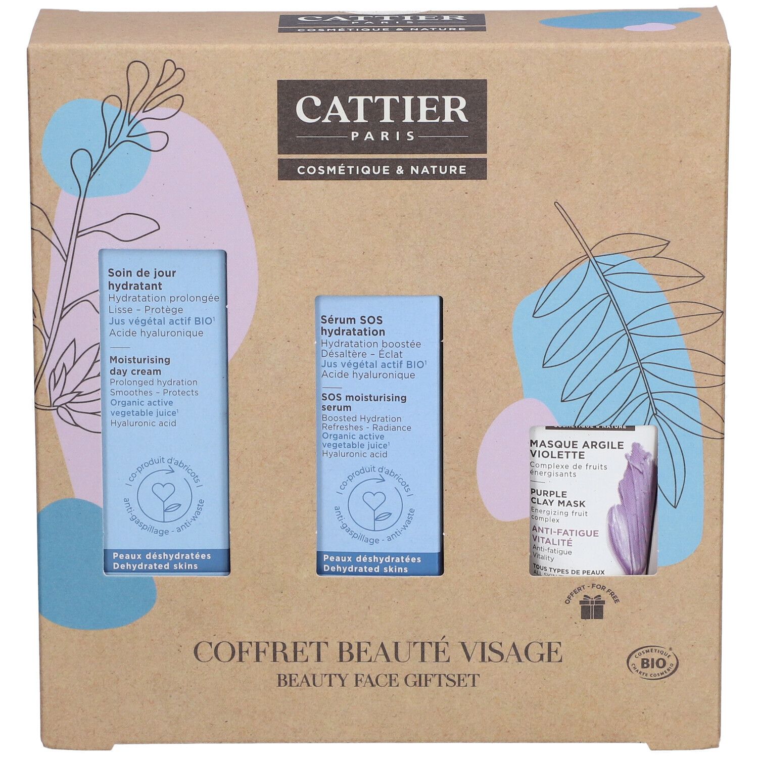 CATTIER Coffret Beauté Visage geschenkset. Kartonnen doos met dagcrème, serum en gezichtsmasker. Merk en bio-keurmerk zichtbaar.