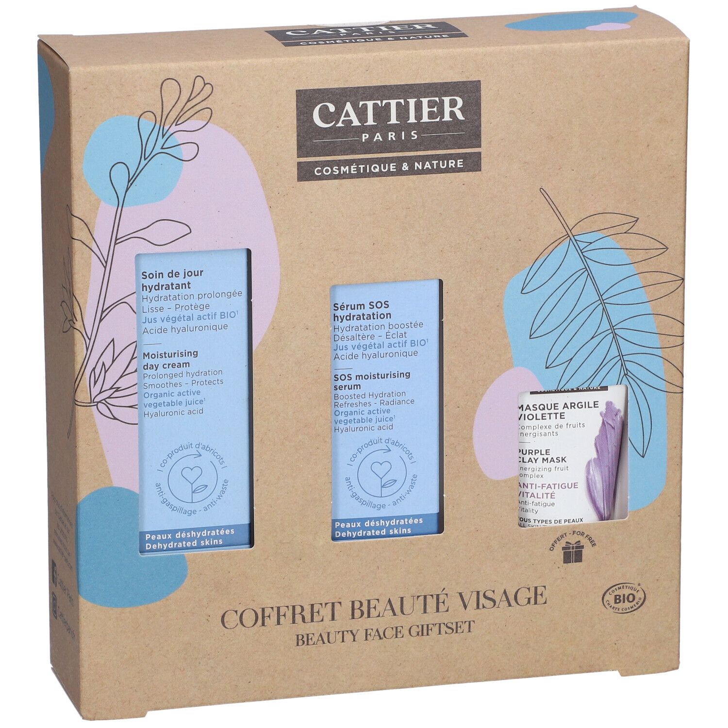 CATTIER Coffret Beauté Visage geschenkset. Kartonnen doos met dagcrème, serum en gezichtsmasker. Merk en bio-keurmerk zichtbaar.