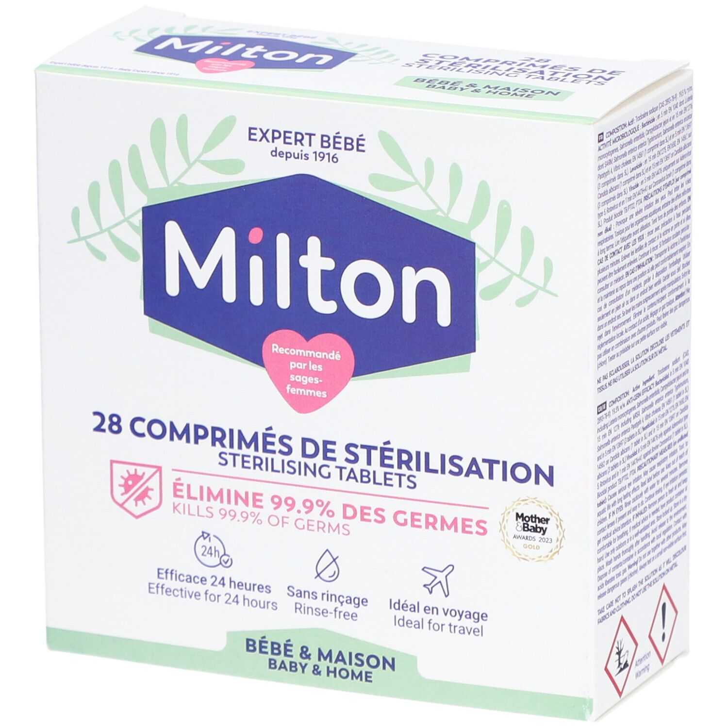 Boîte Milton de 28 comprimés de stérilisation. Inscription : "Élimine 99,9% des germes".
