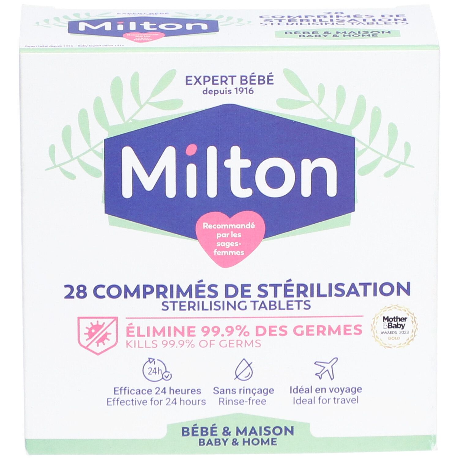Boîte Milton de 28 comprimés de stérilisation. Inscription : "Élimine 99,9% des germes".