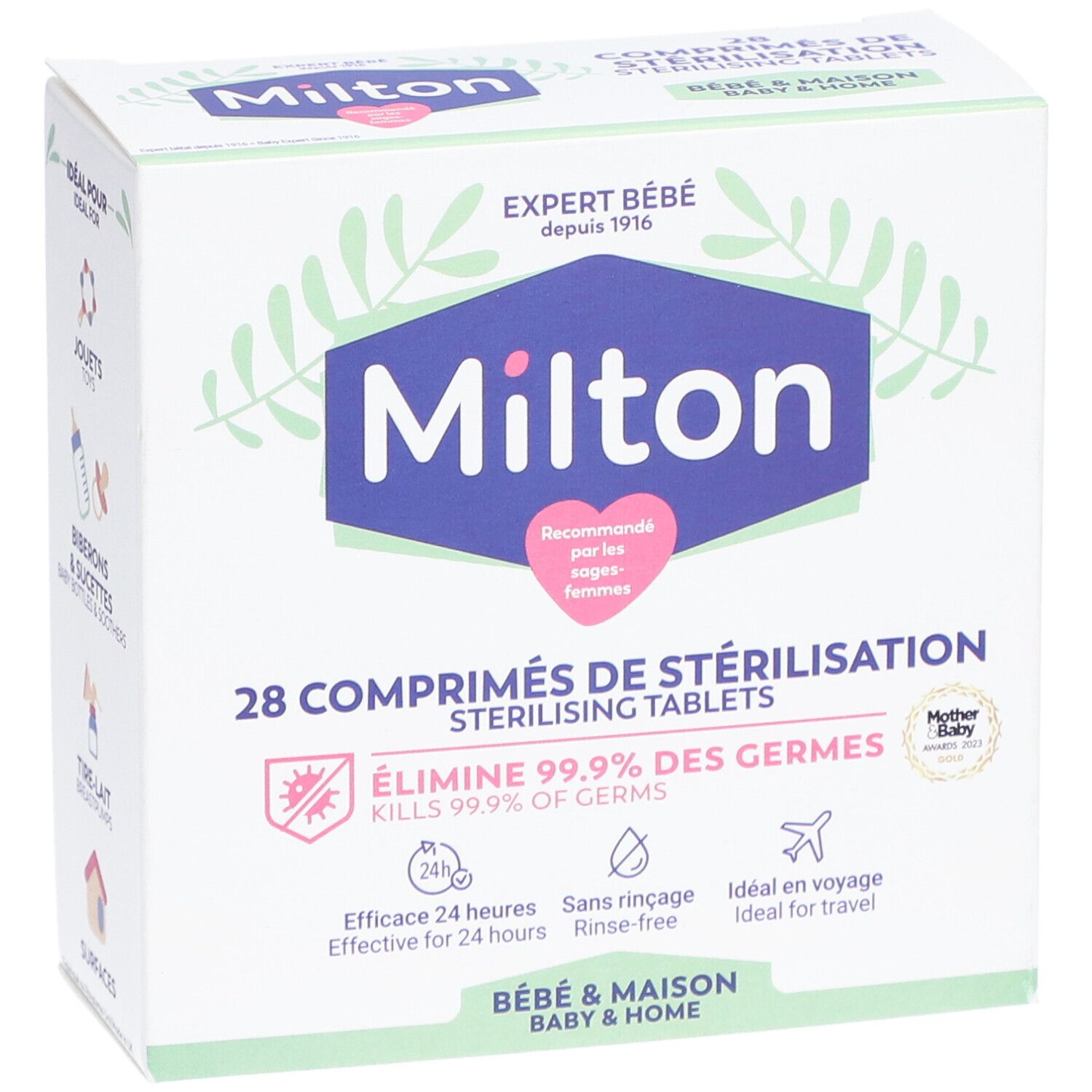 Boîte Milton de 28 comprimés de stérilisation. Inscription : "Élimine 99,9% des germes".
