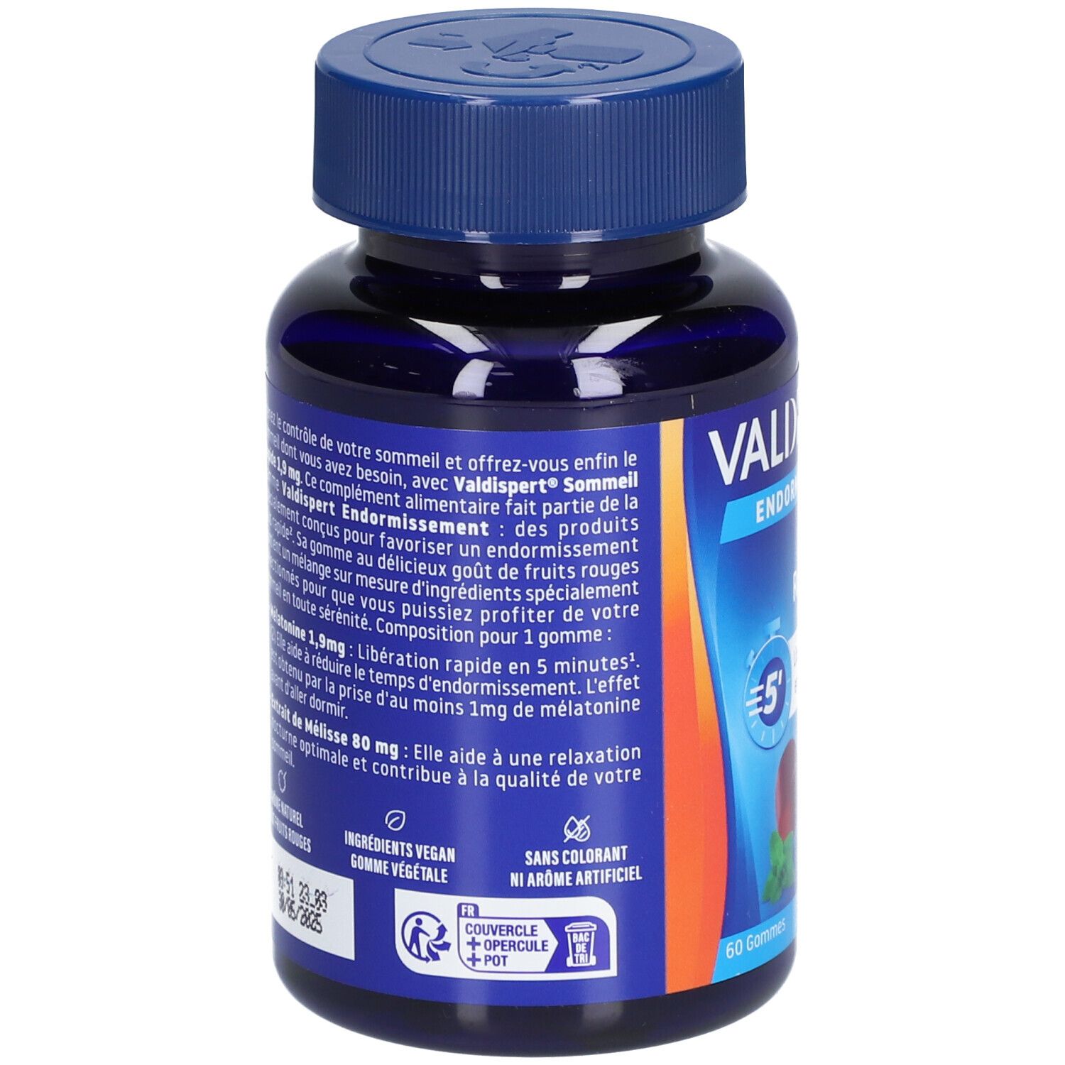 Dos du flacon bleu VALDISPERT. Ingrédients, vegan, sans colorant. Texte: Endormissement Sommeil Rapide 1,9 mg.