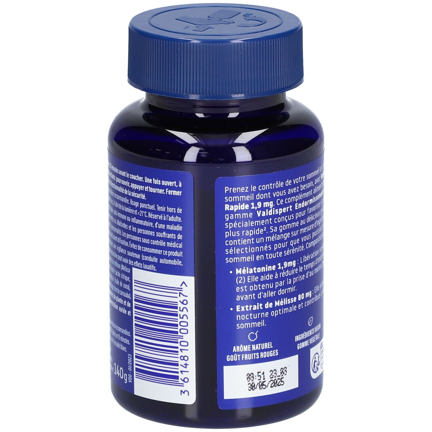 Dos du flacon bleu VALDISPERT. Informations, ingrédients, numéro de lot. Texte: Endormissement Sommeil Rapide 1,9 mg.