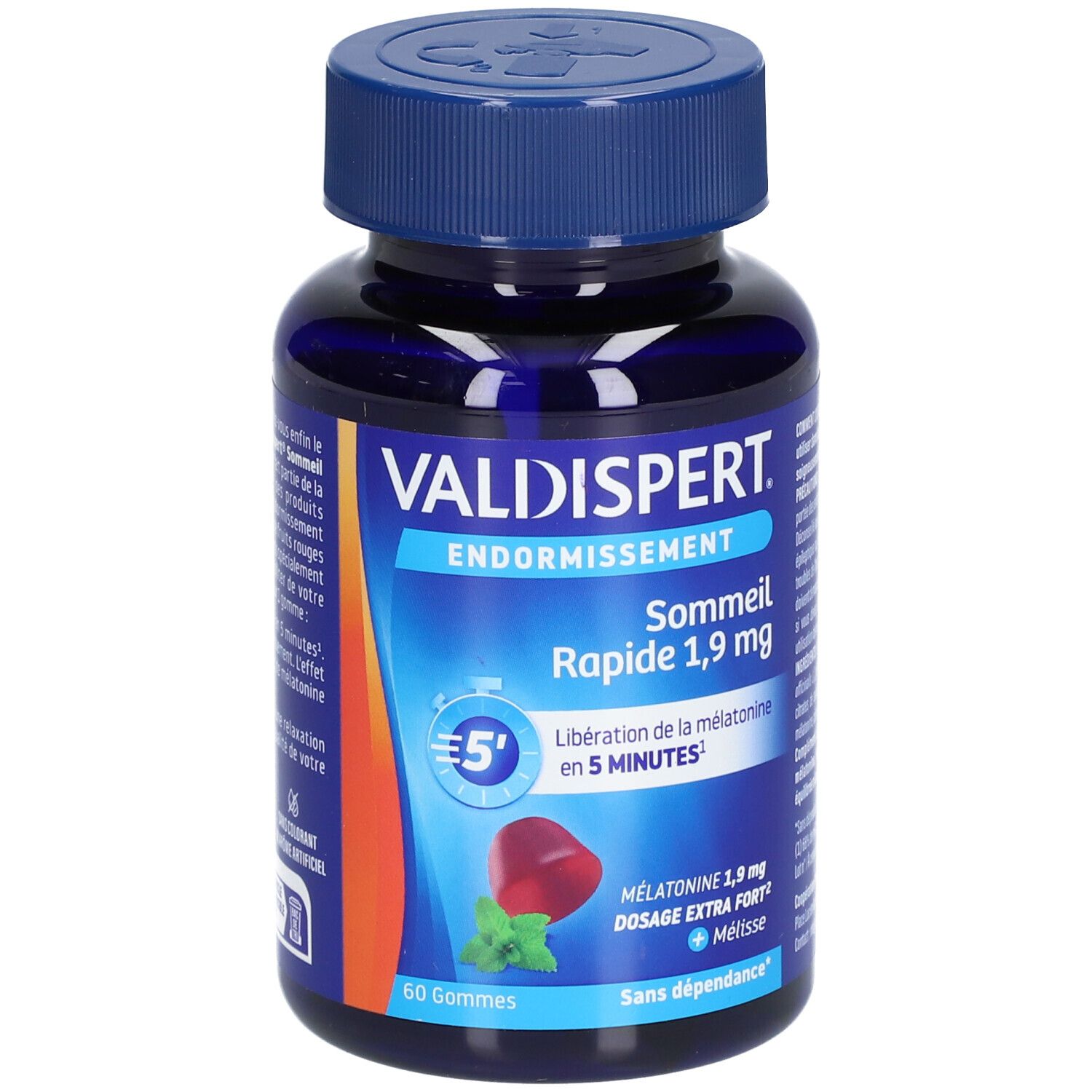 Flacon bleu VALDISPERT, Endormissement Sommeil Rapide 1,9 mg. 60 gommes. Étiquette bleue, bouchon bleu.